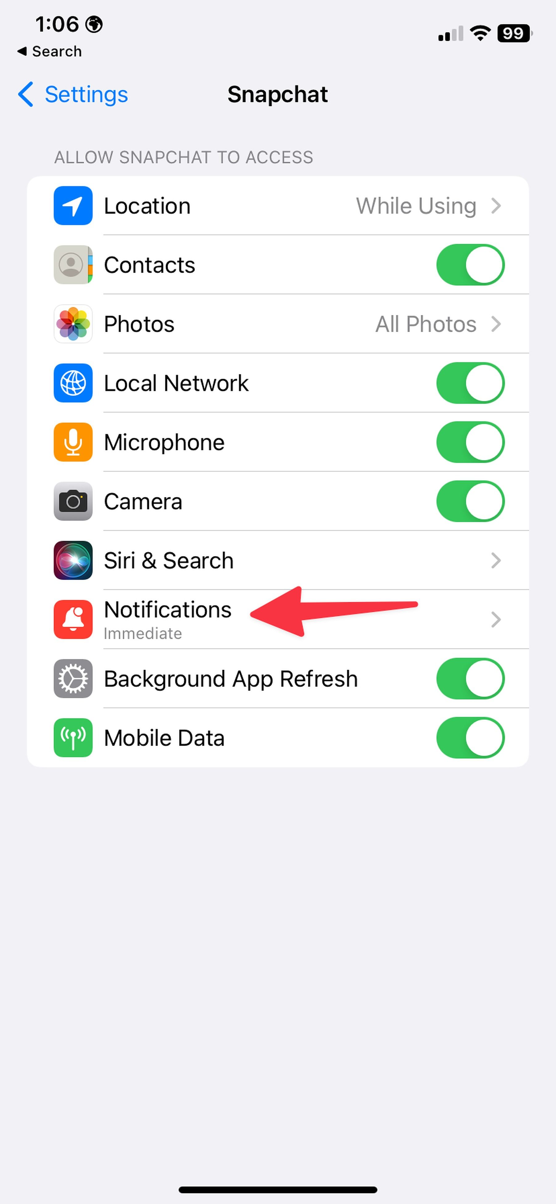 Screenshot highlighting Notifications on iPhone