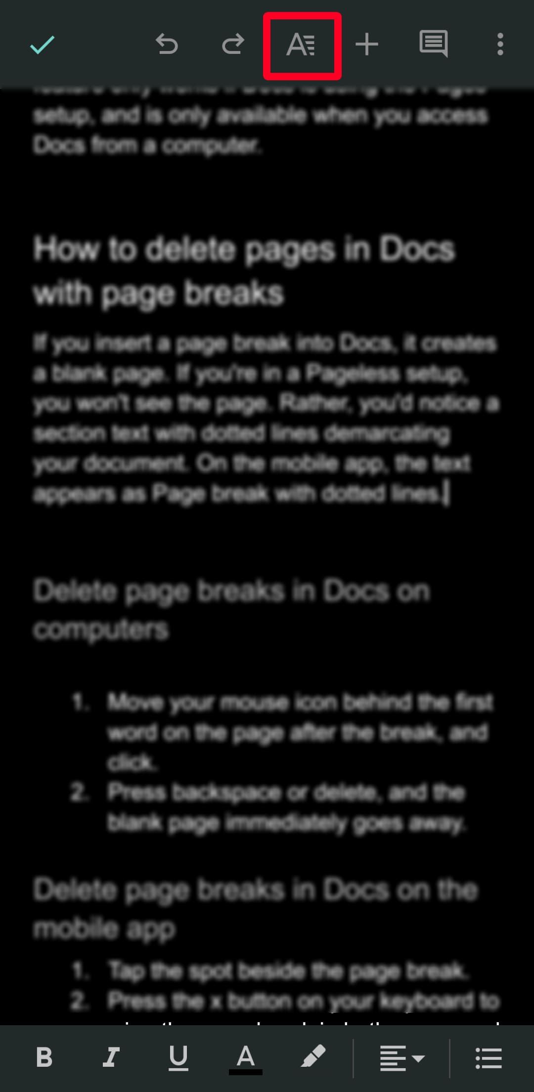 Format icon in Google Docs mobile app