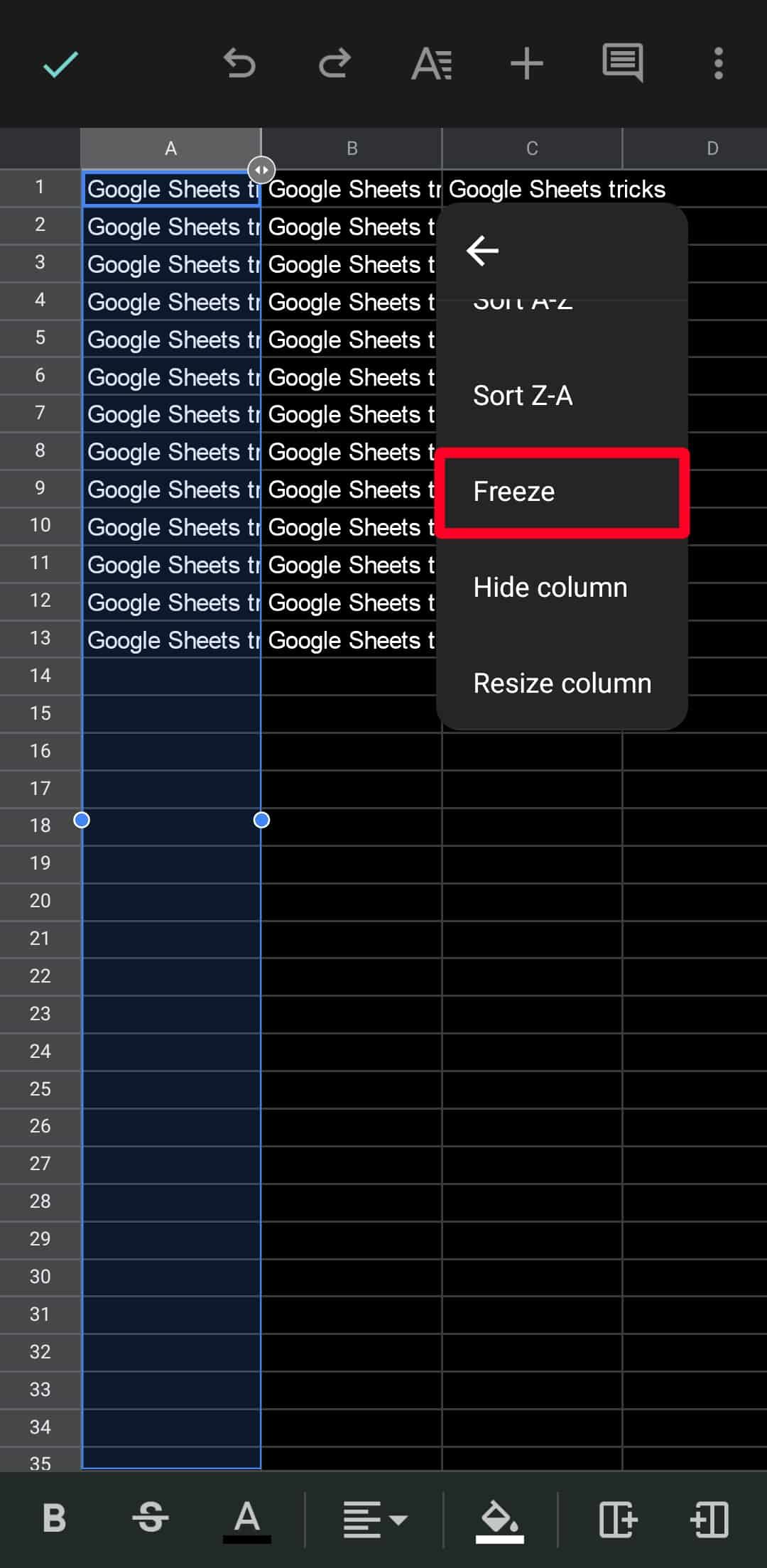Freeze column option in Google Sheets mobile app