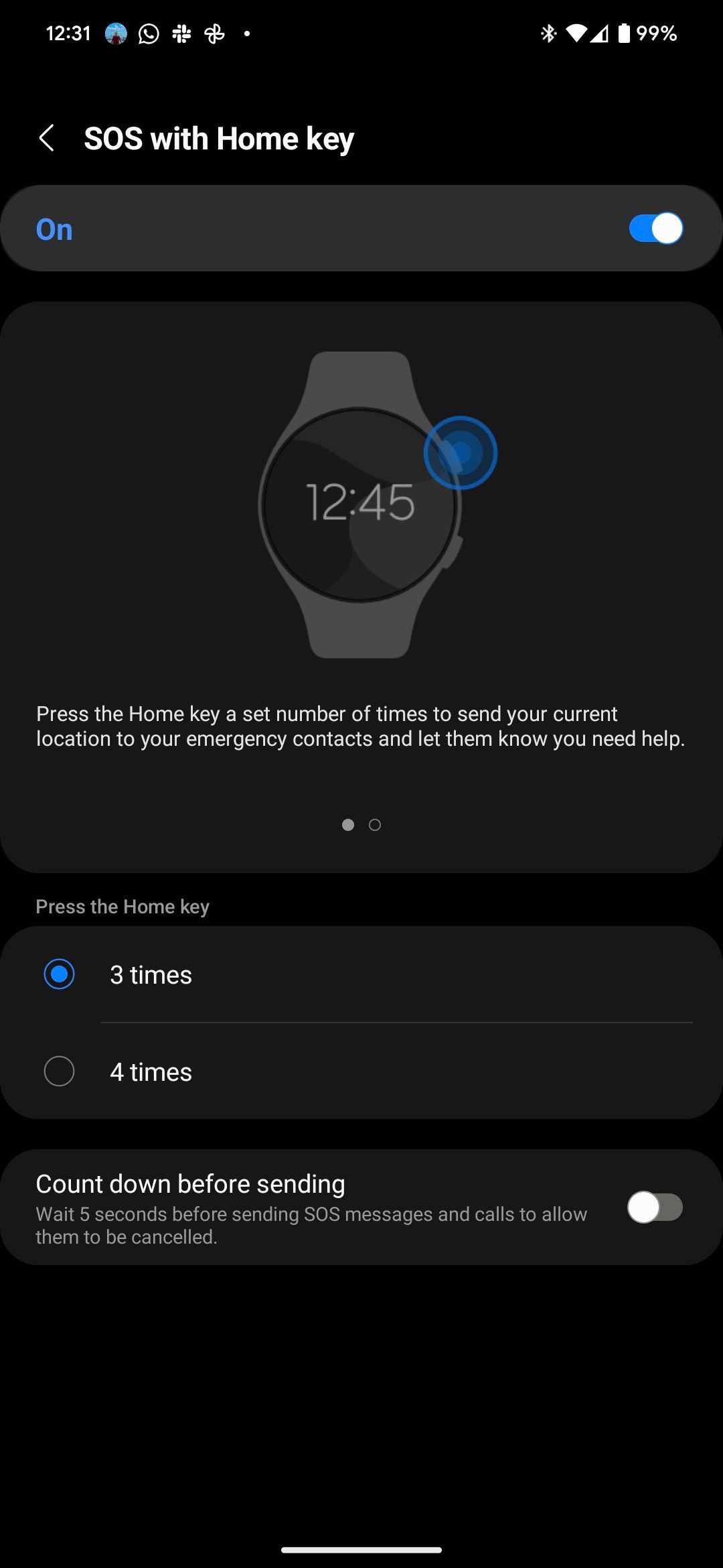 Samsung Galaxy Watch 4 SOS dengan menu pengaturan Home Key