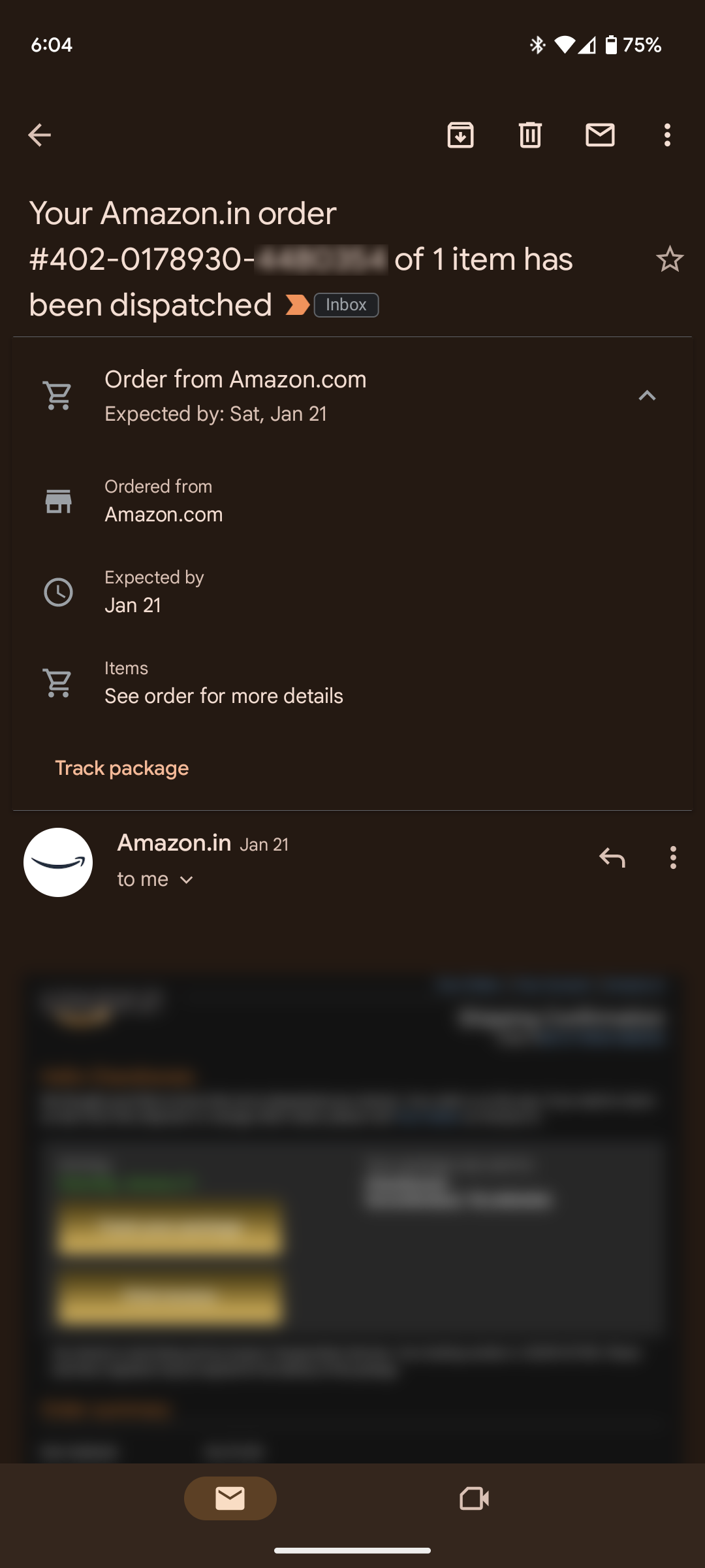 The Gmail package tracing status of an Amazon order