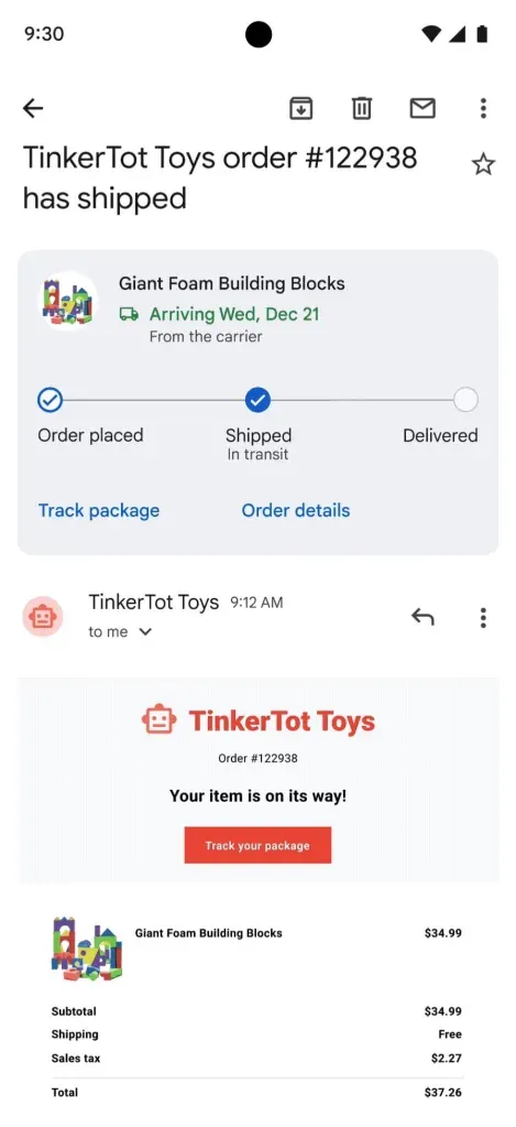 A Gmail package tracking status notification for TinkerTot Toys showing the order has shipped