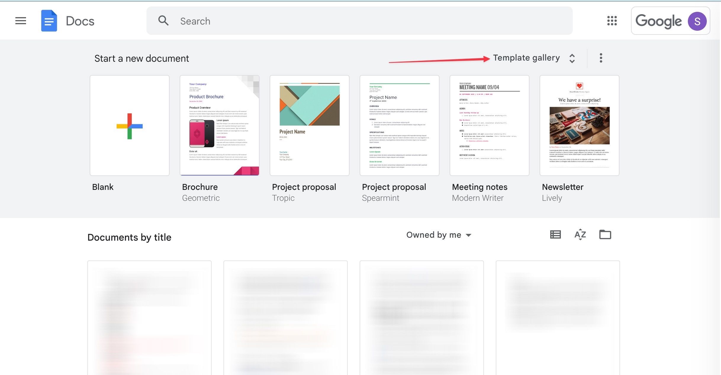Google Docs homepage showing templates gallery button