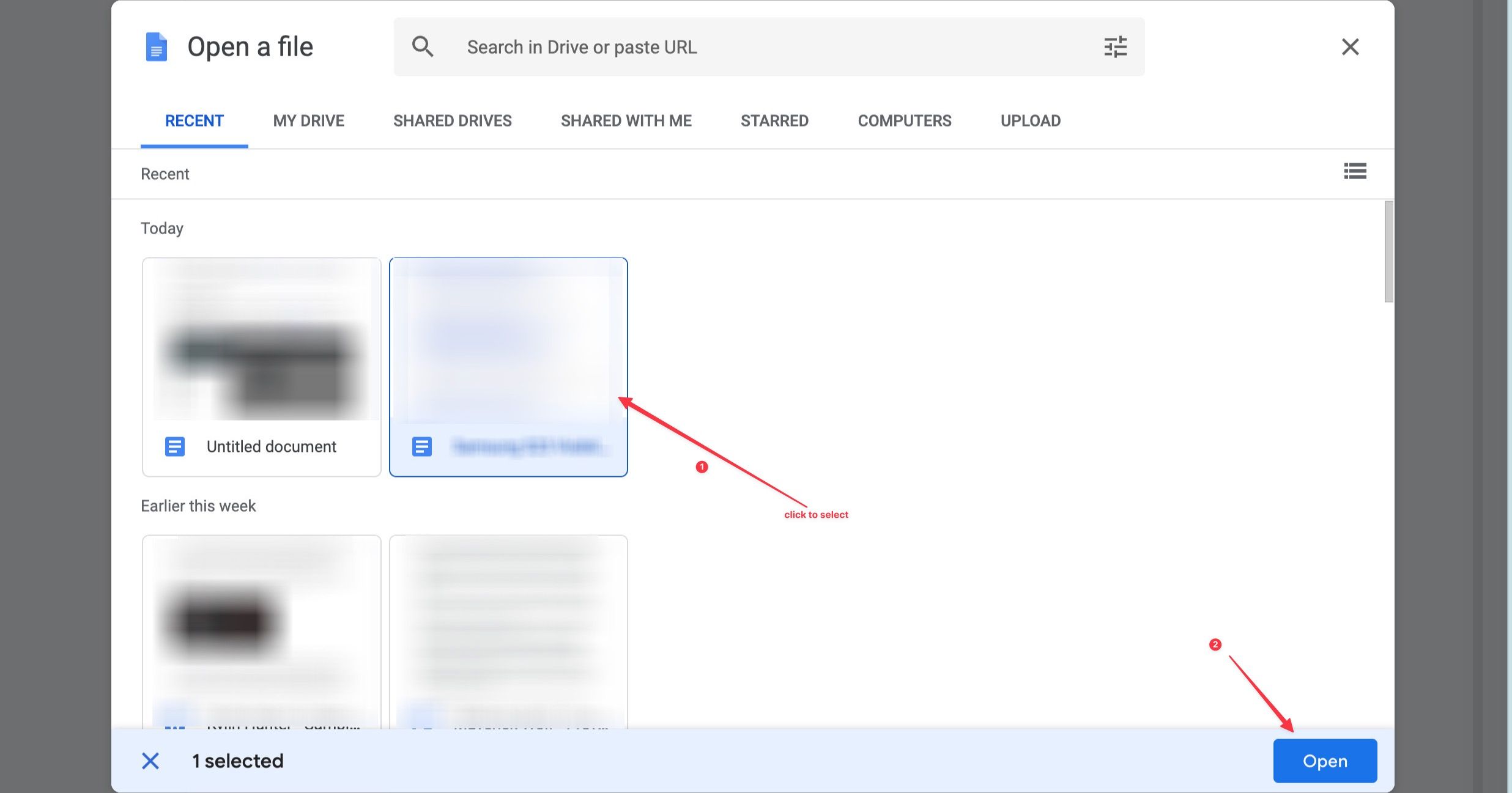 Google Docs screenshot showing selecting and opening a template file