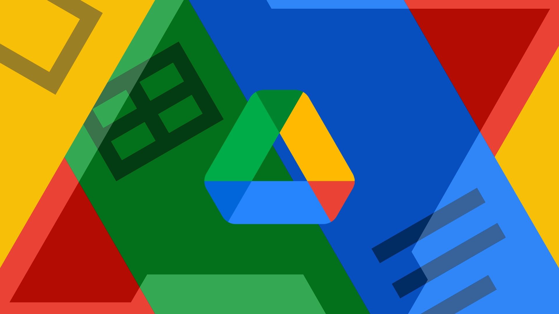 O logotipo do Google Drive em um plano de fundo com o logotipo Android Police e os logotipos e cores do Google Sheets, Google Docs e Google Slides