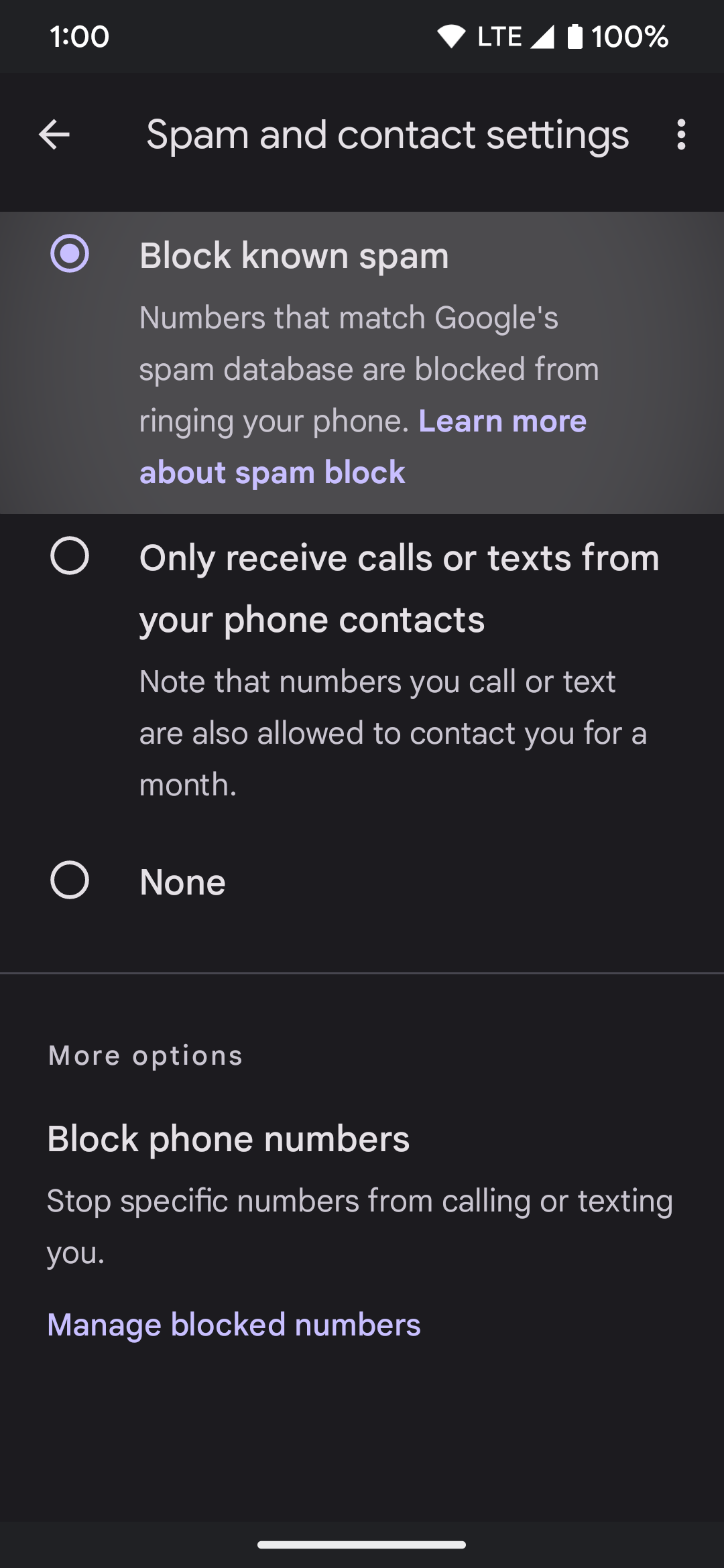 pixel phone spam and contact settings