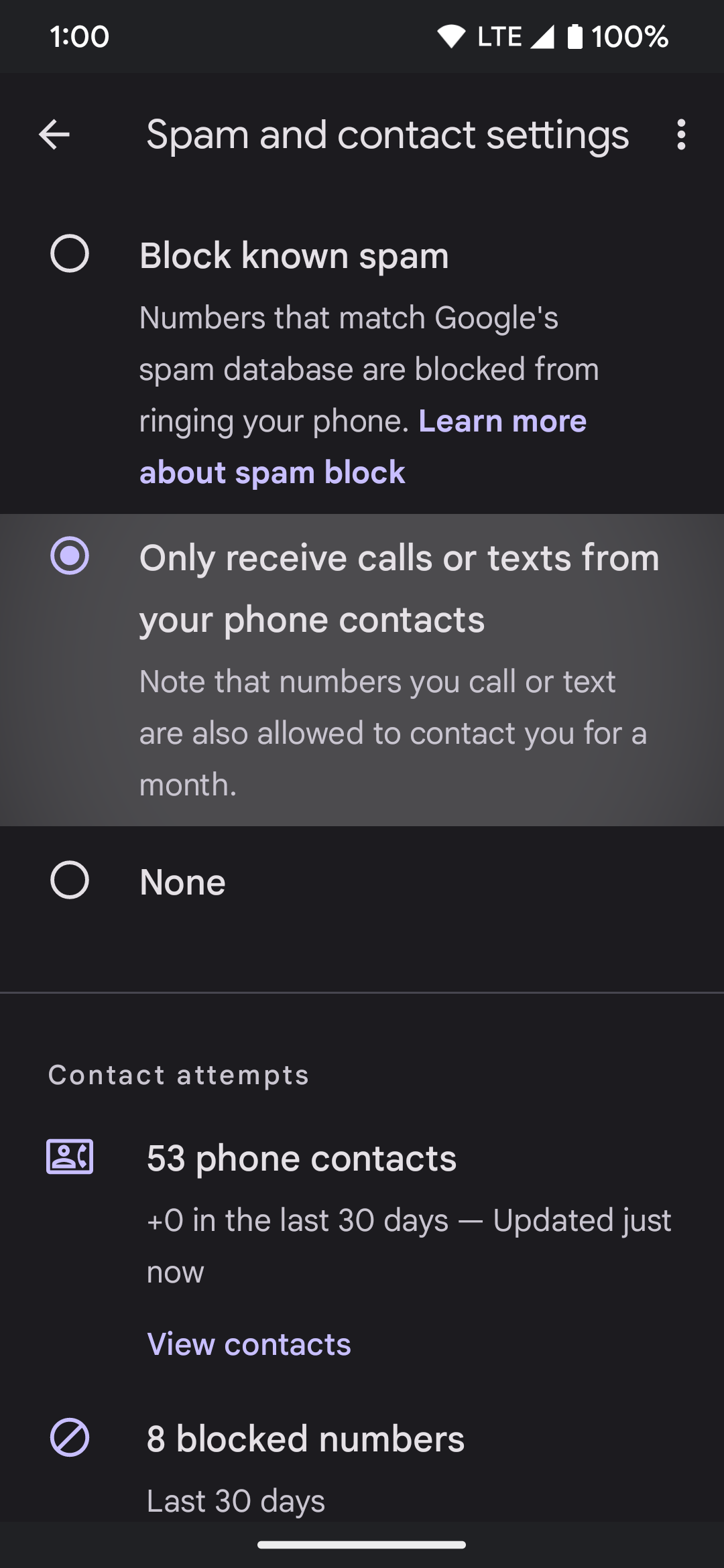 pixel phone spam and contact settings