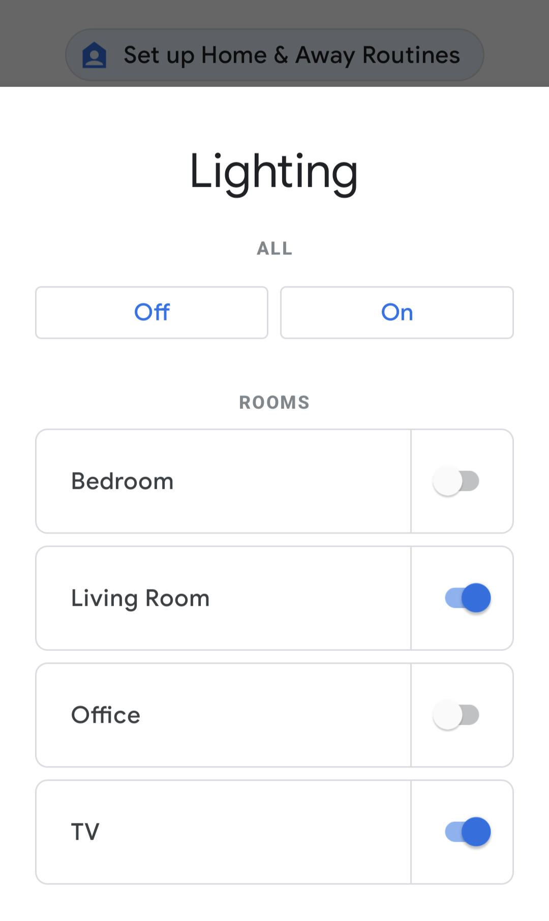 Controles de iluminação do Google Home no aplicativo móvel