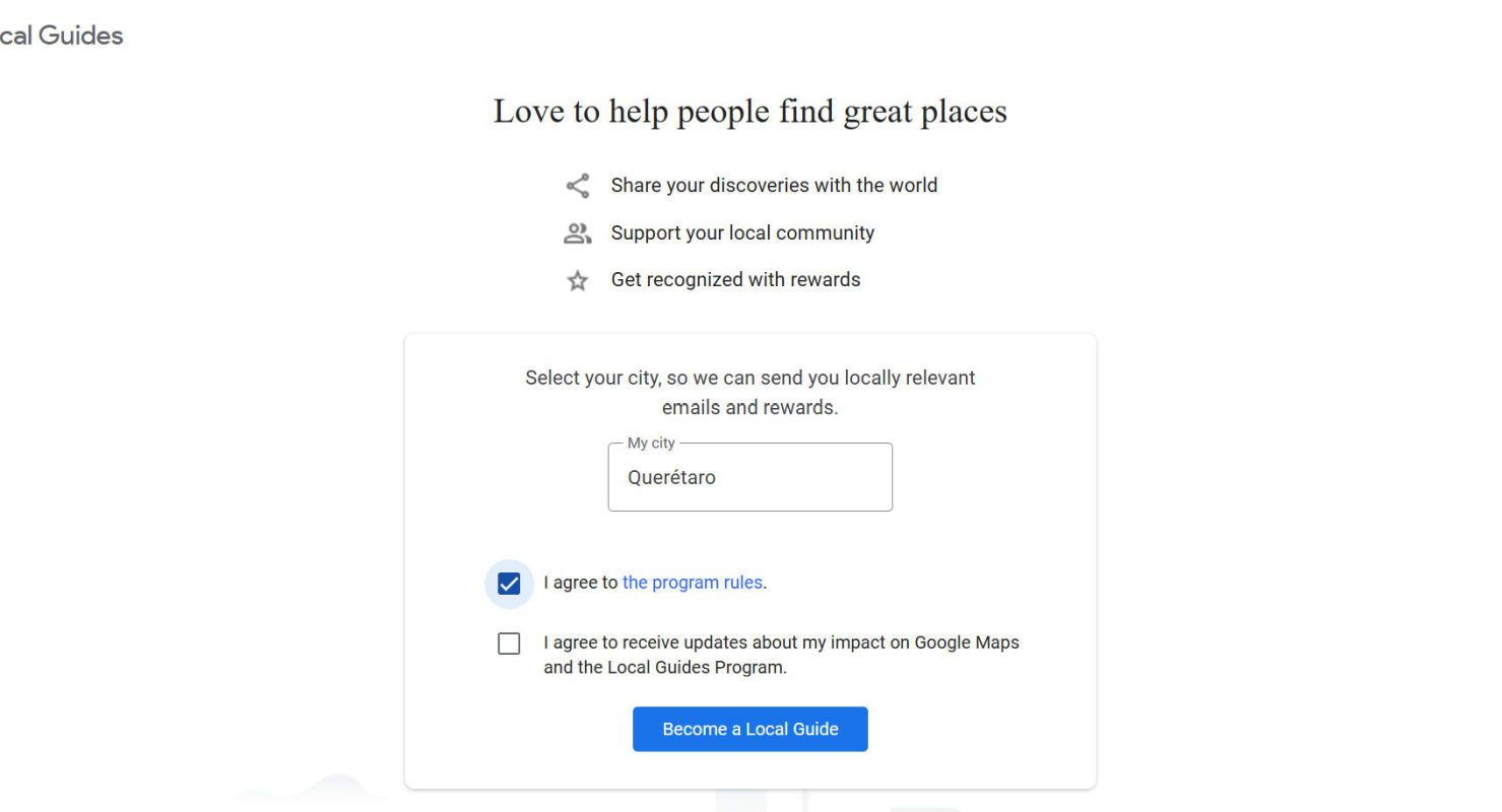 Layar masukan kota Google Local Guides