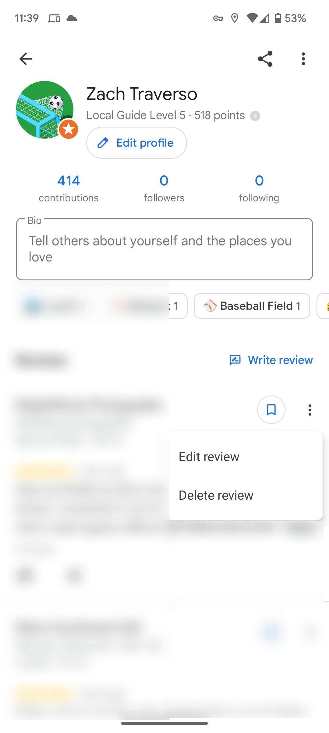 The Google Maps app personal profile section