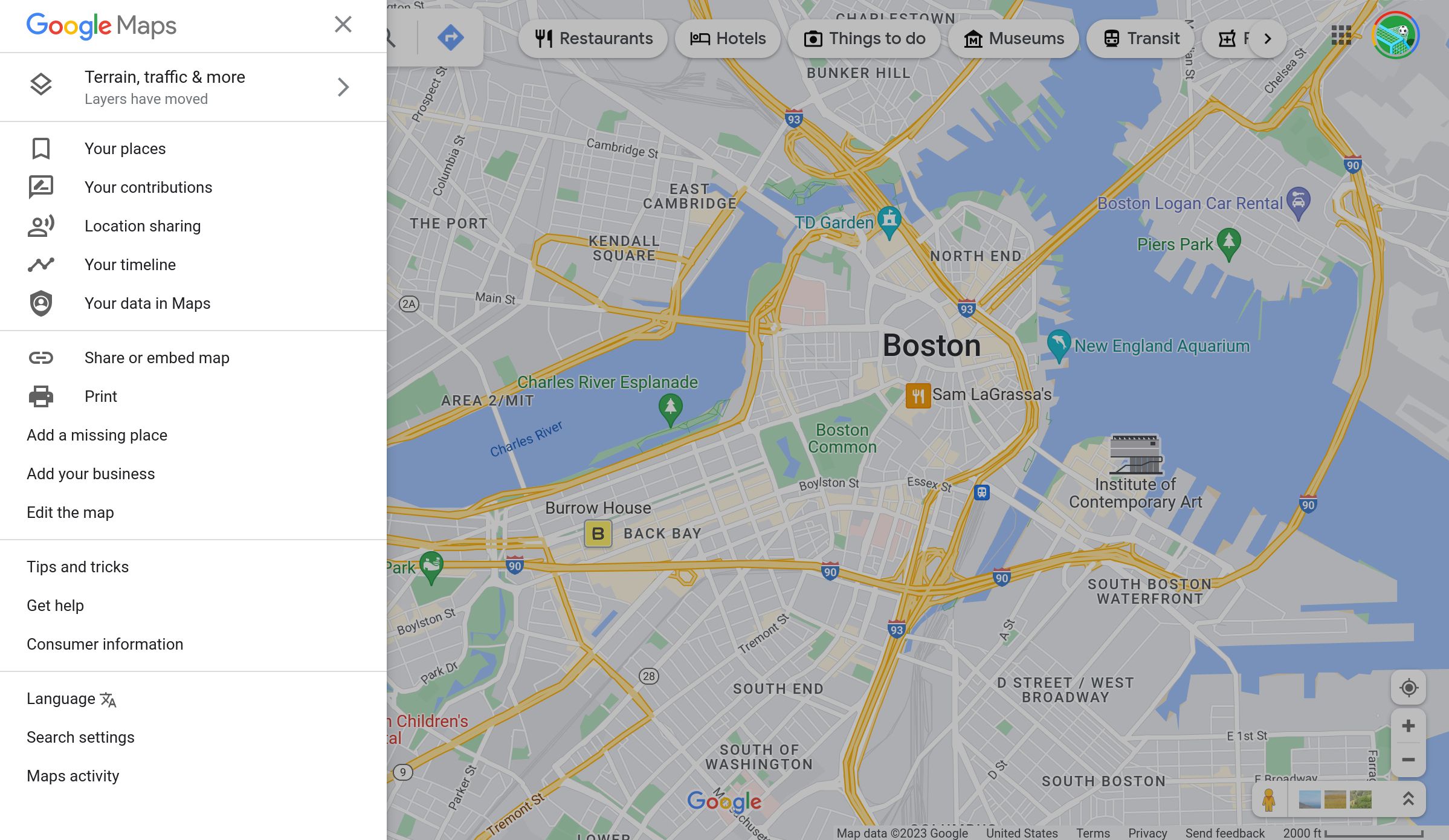 The hamburger menu in Google Maps on the web