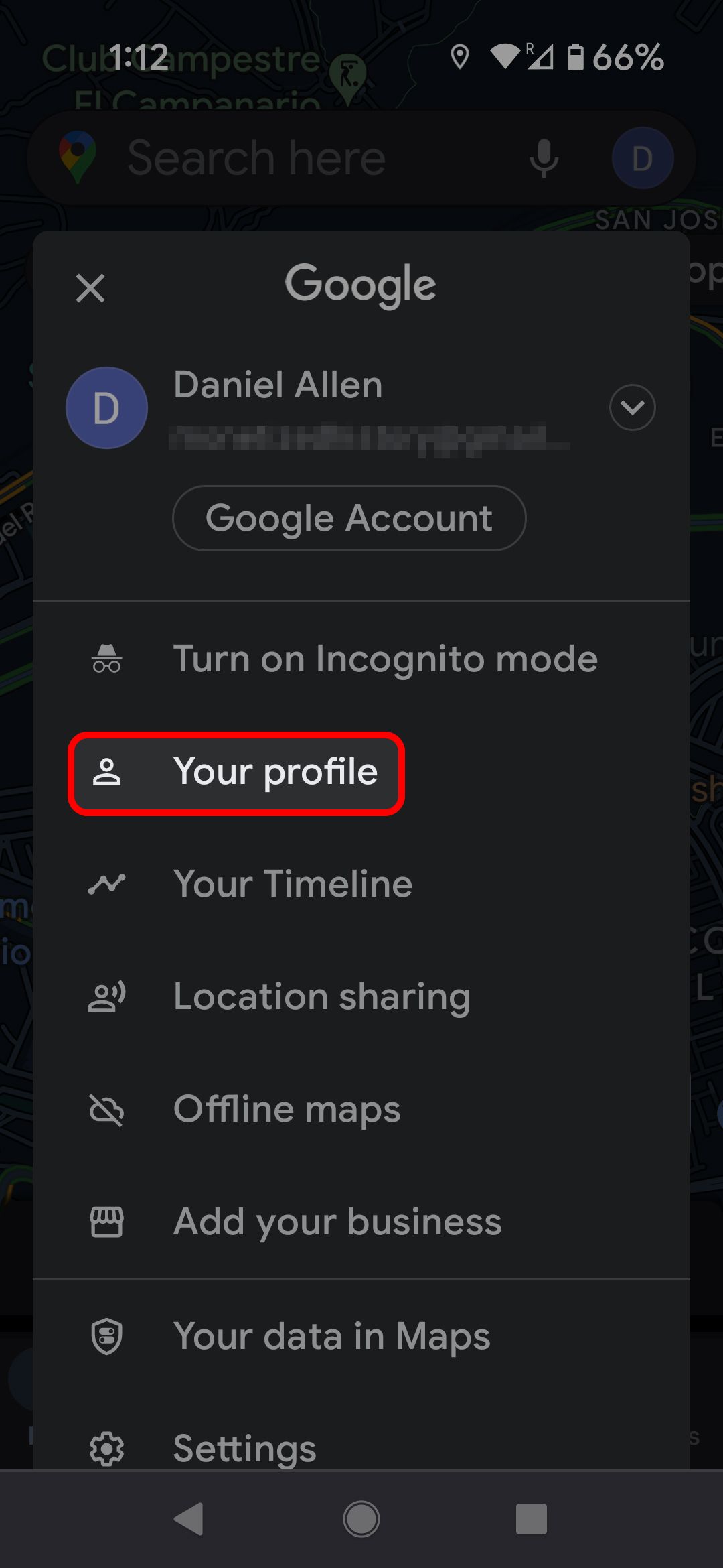 Menu ikon profil Google Maps menyoroti opsi Profil Anda