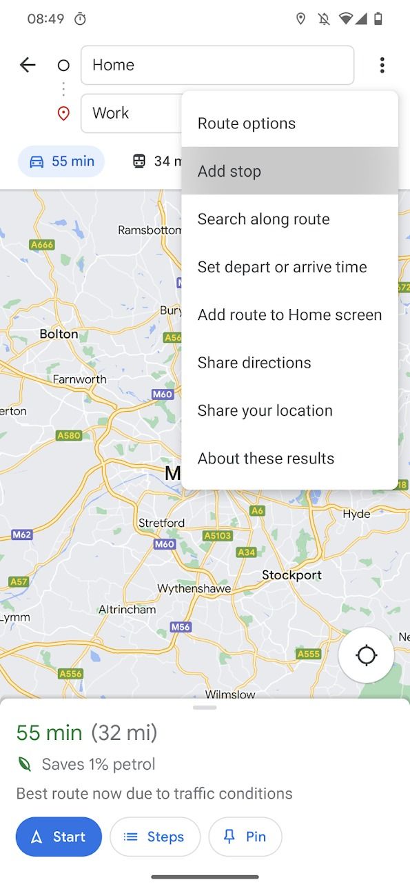 The Google Maps mobile app destination screen with a drop menu open and the Add stop option highlighted.