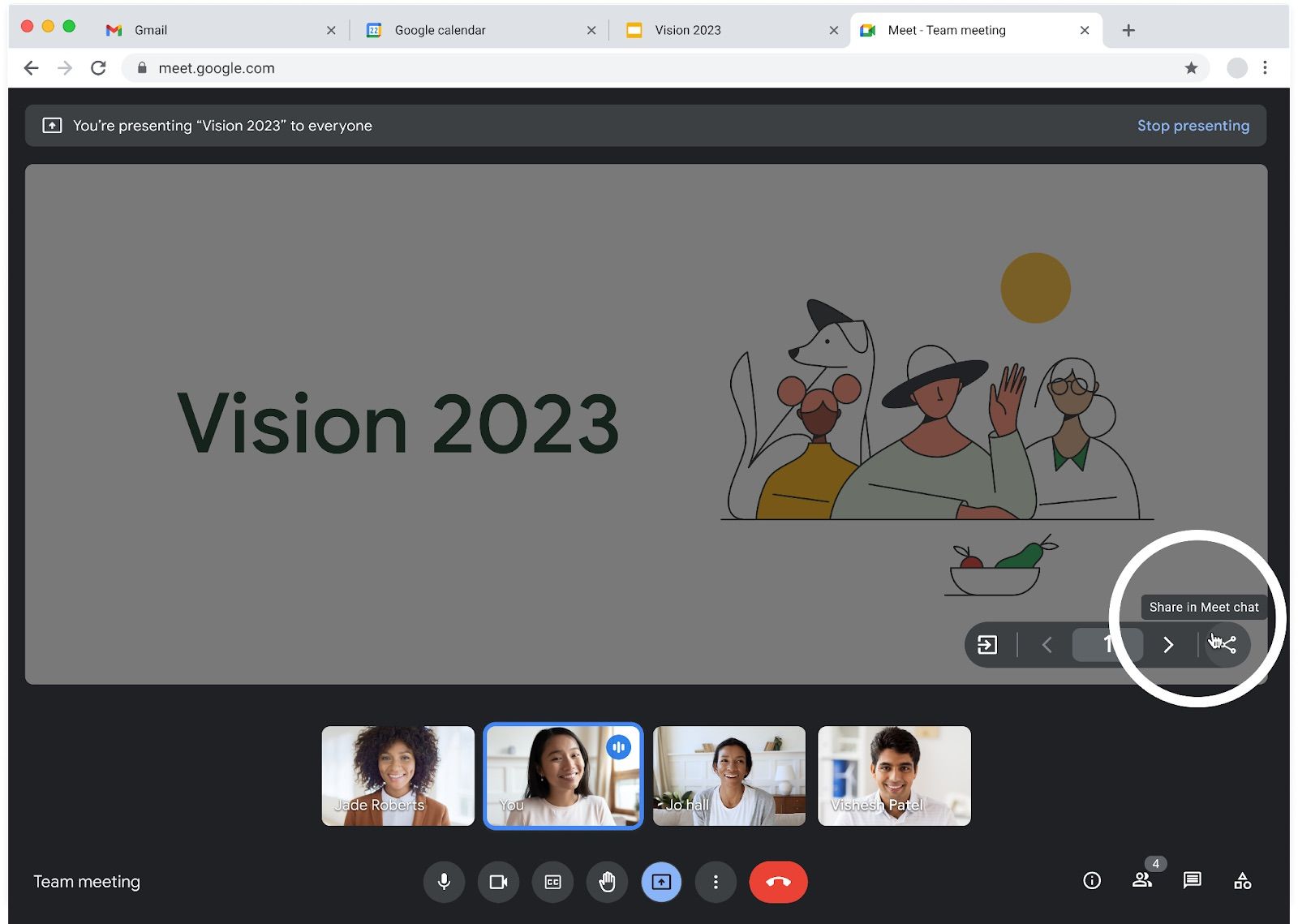 Google Meet on the web showing the share icon to share the file you are presenting
