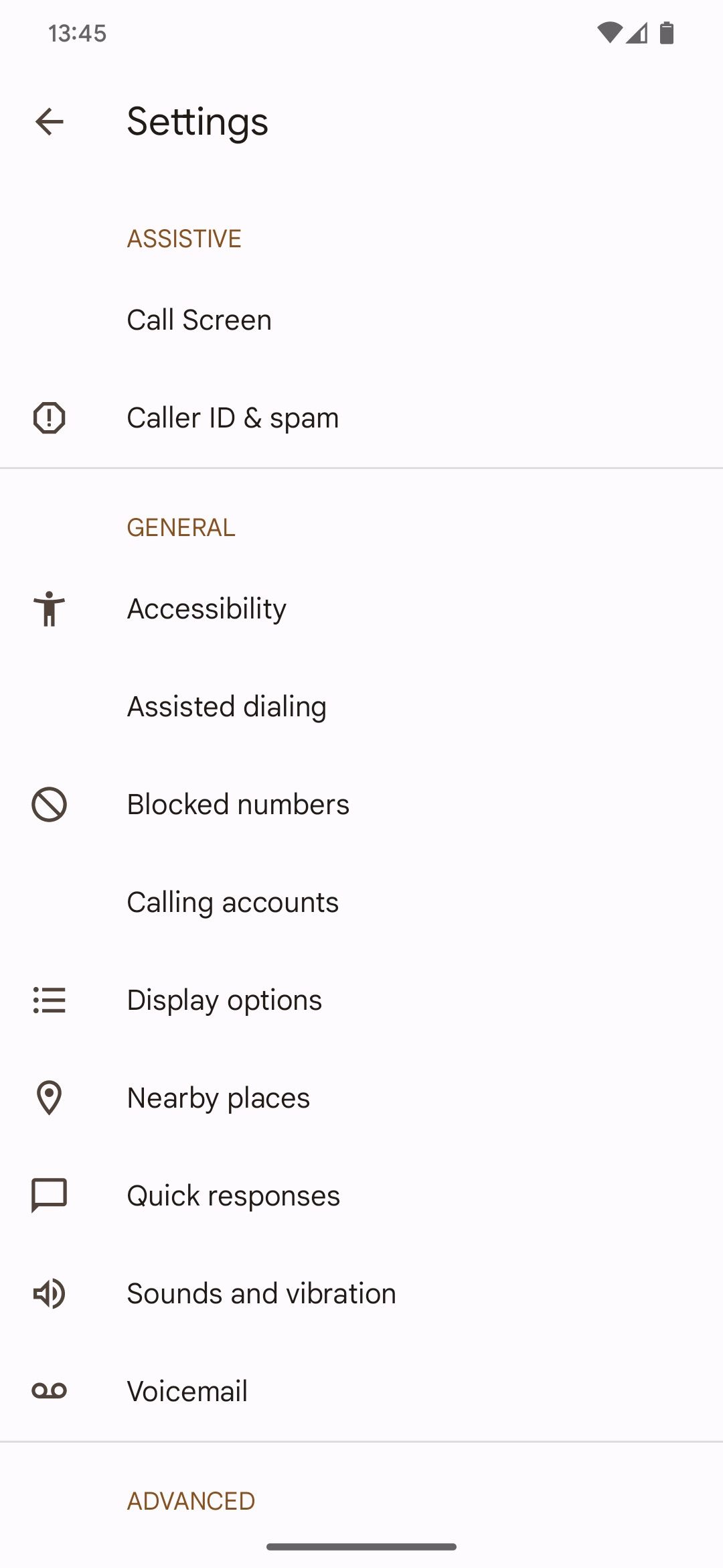 The Google Phone app settings
