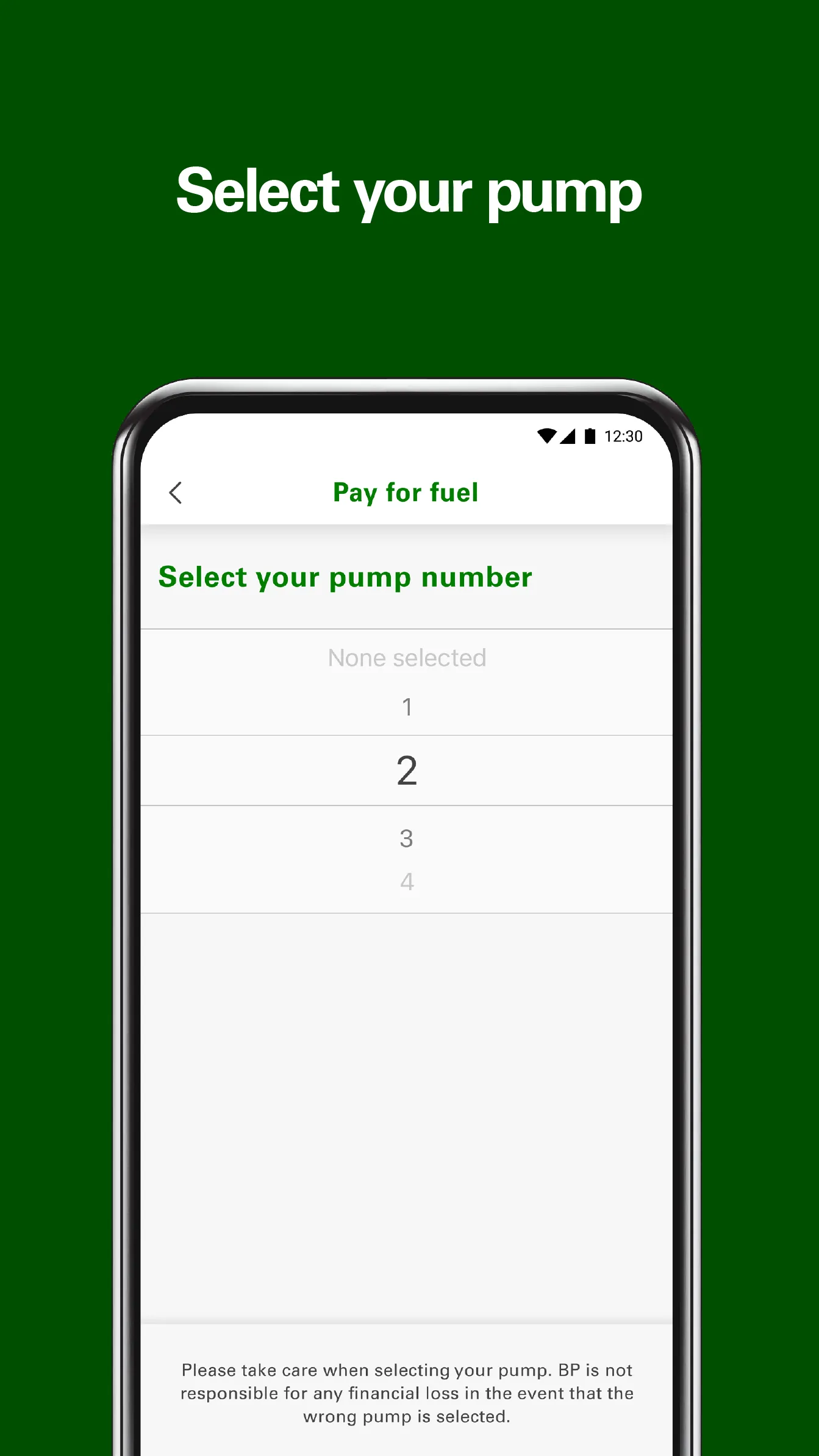 Selecting a pump to pay for gas in the BP app