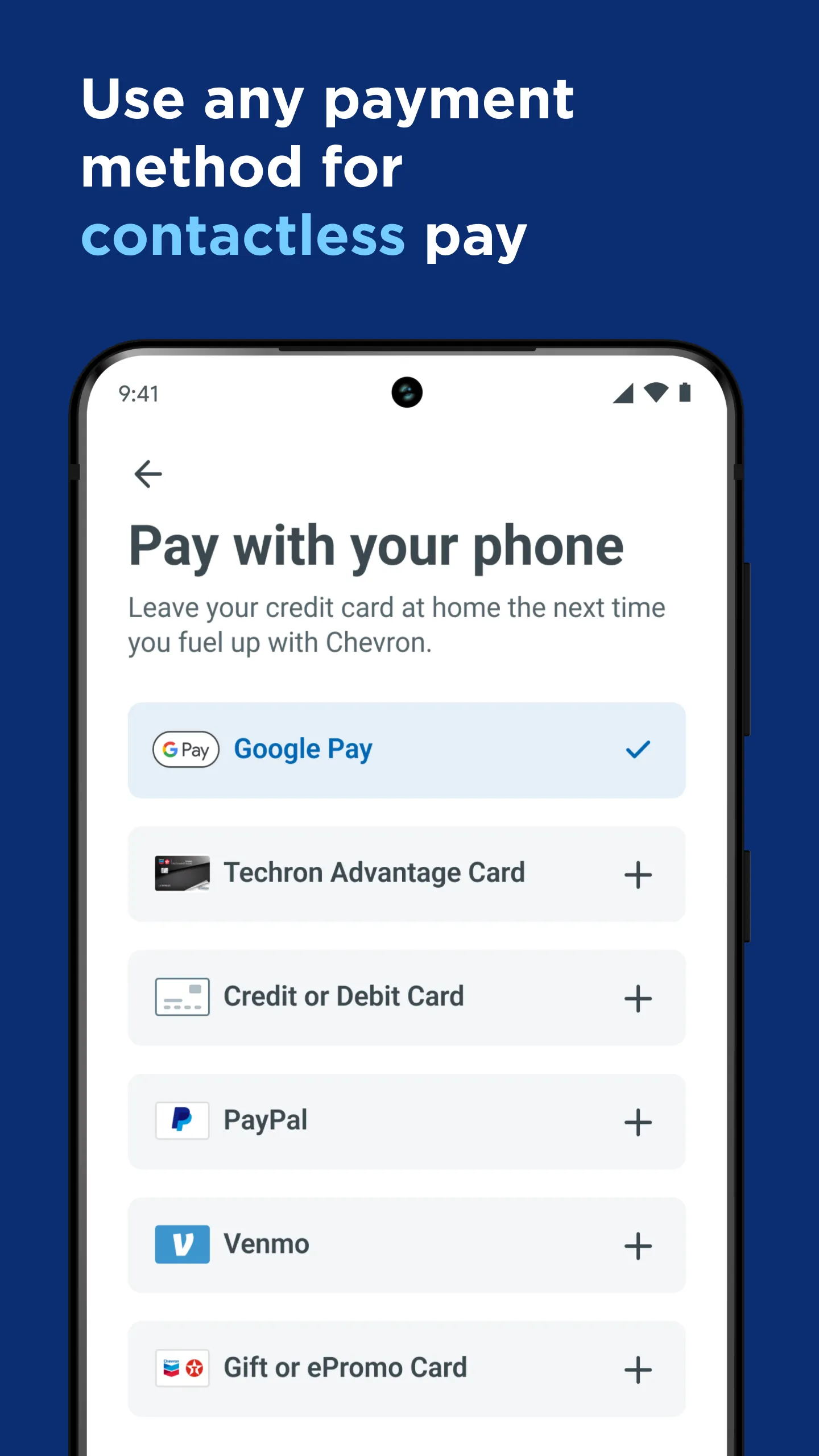 Choose a payment method in the Chevron app