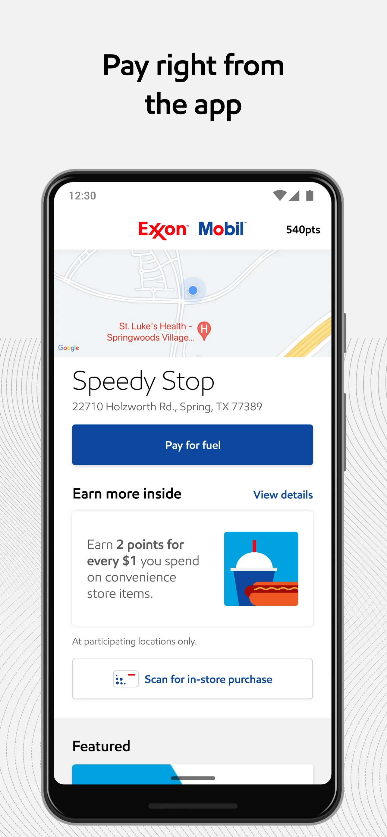 Select location to pay for gas in the Exxon Mobil app