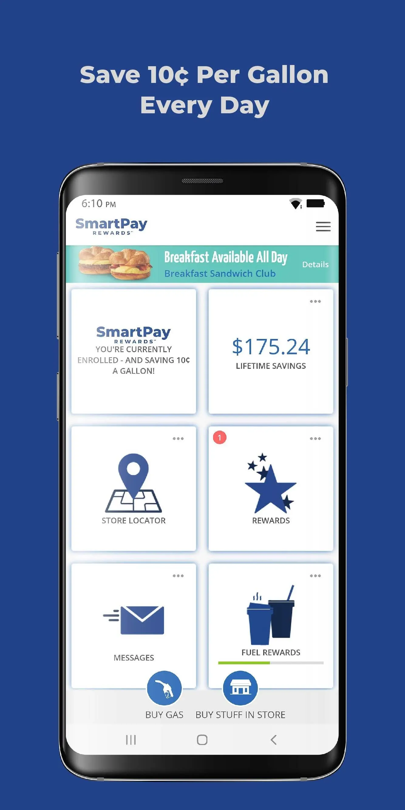 An image of the SmartPay Rewards app home screen