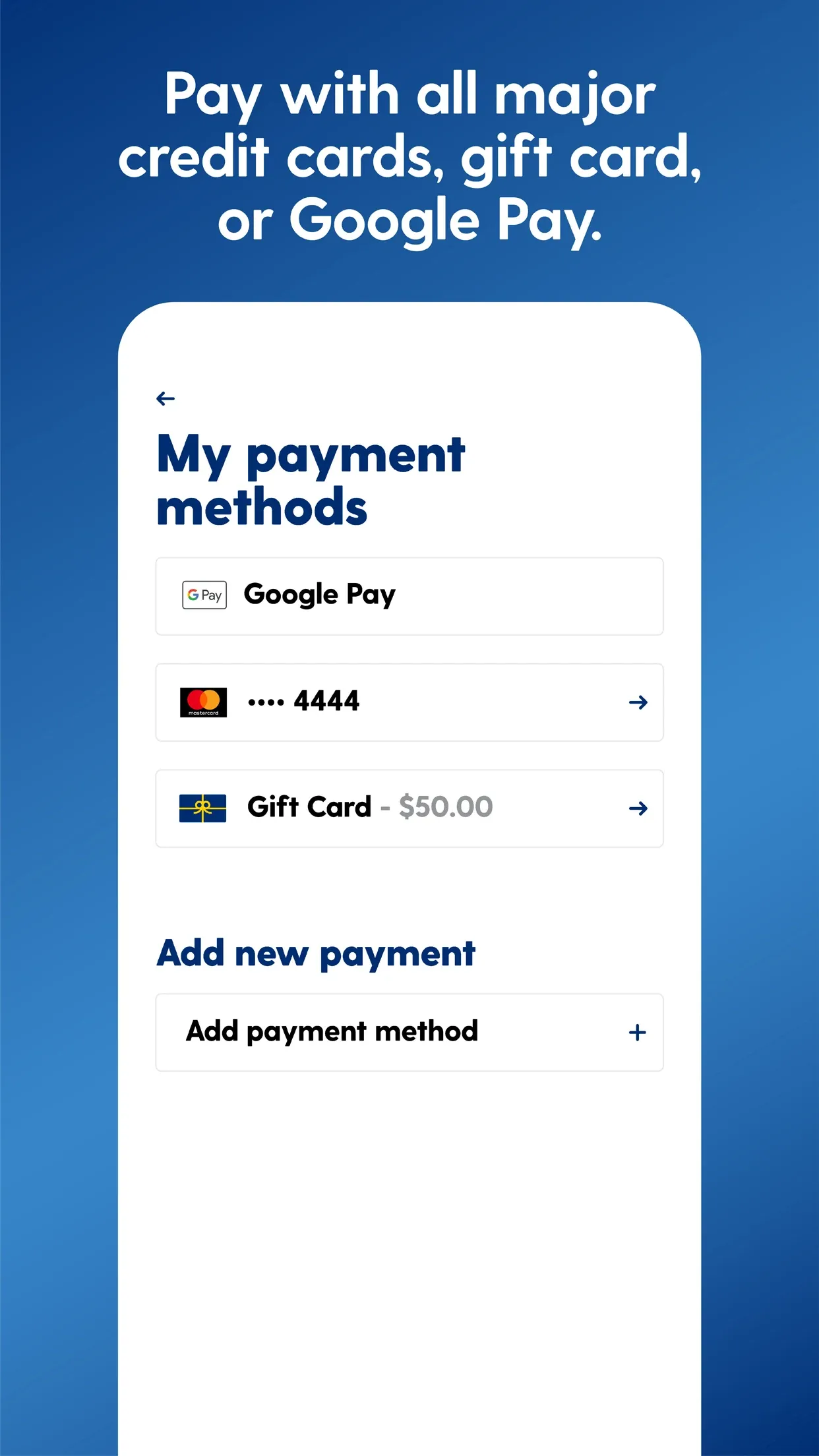 The saved payment methods in the Sunoco app