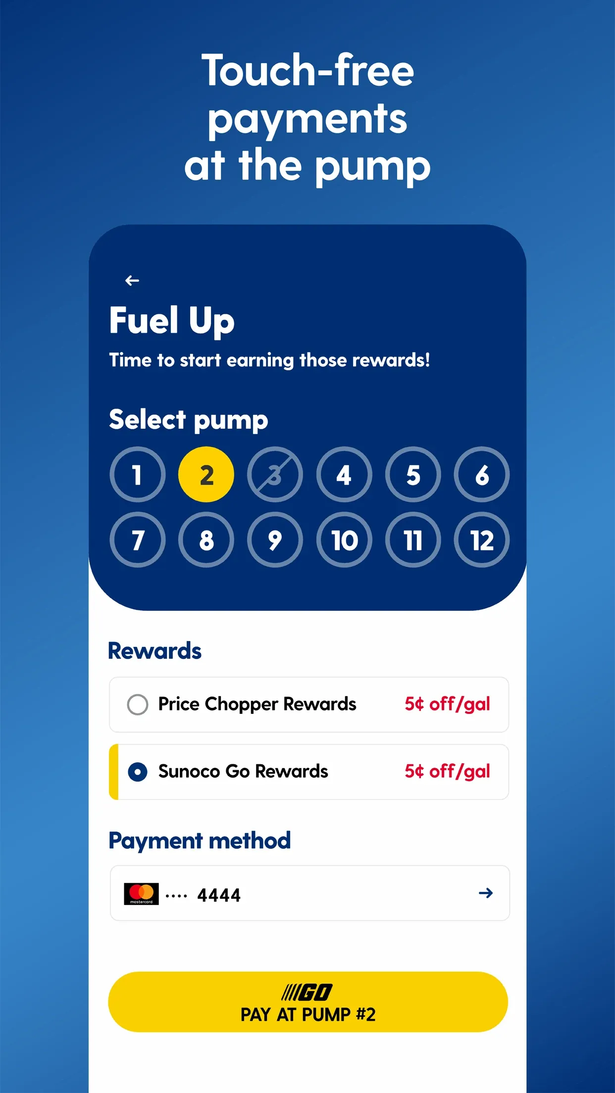 Choosing a pump and payment method to pay for gas in the Sunoco app
