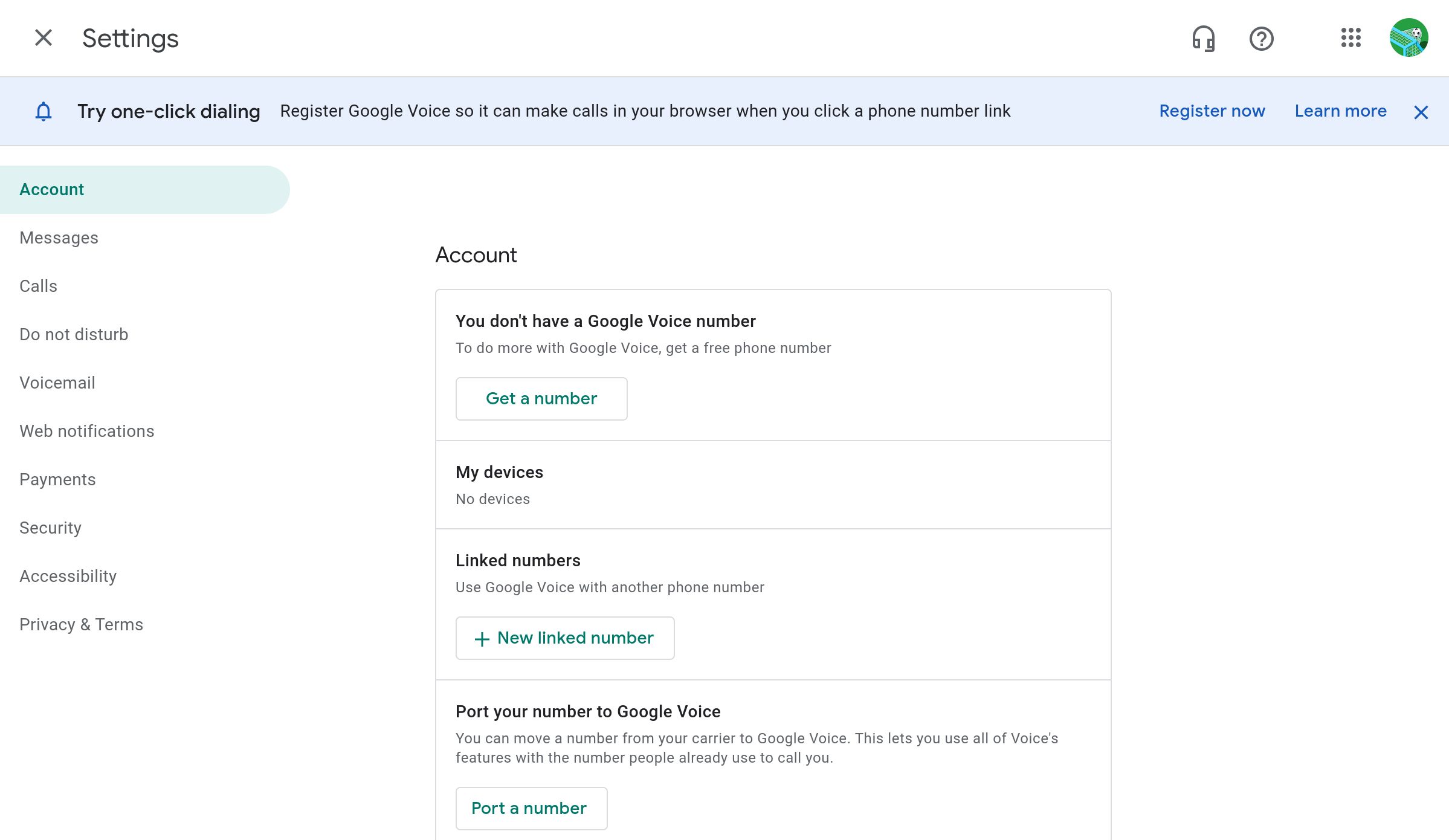The Settings section of the Google Voice website without a registered number