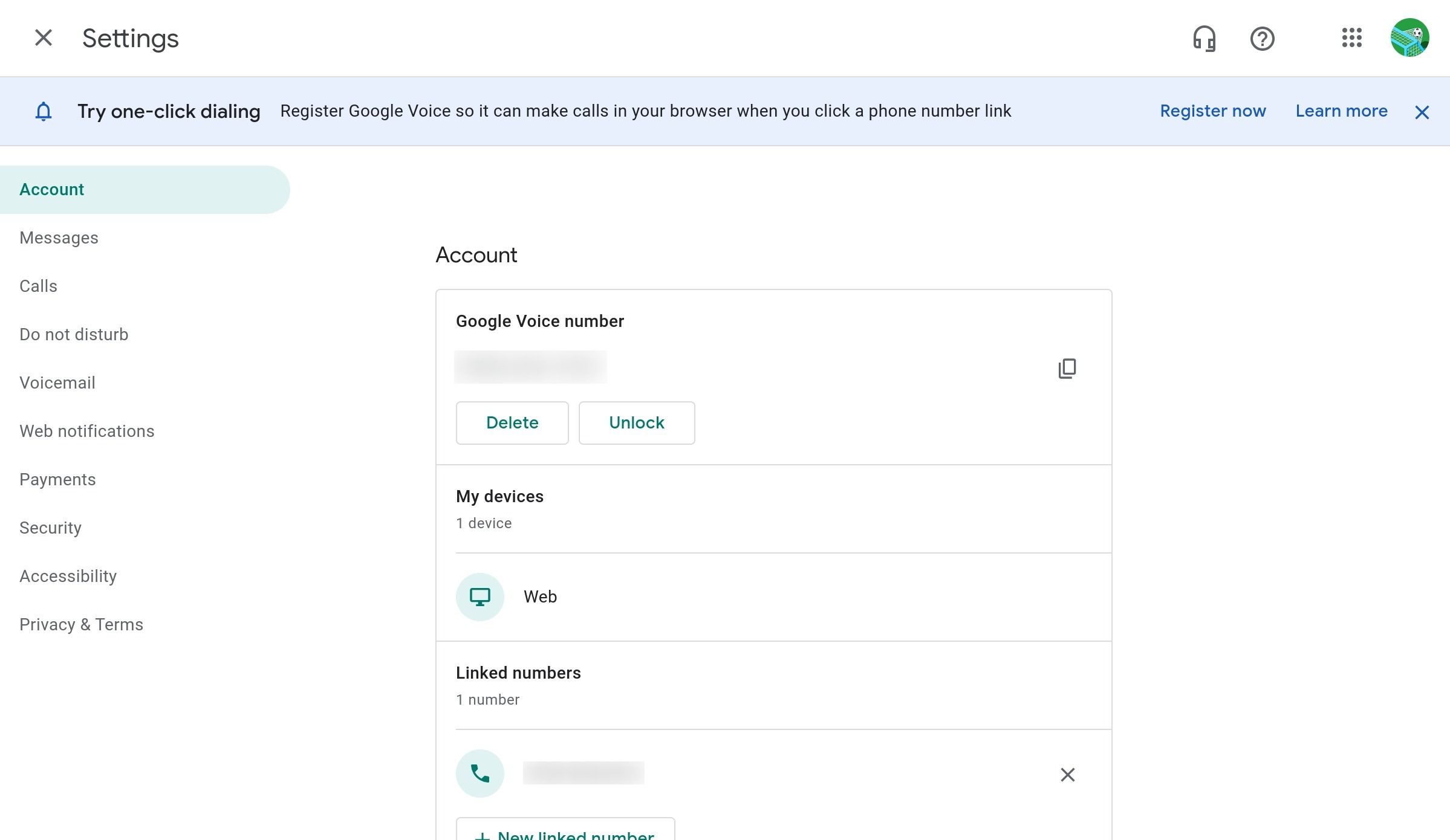 The Settings section of the Google Voice website