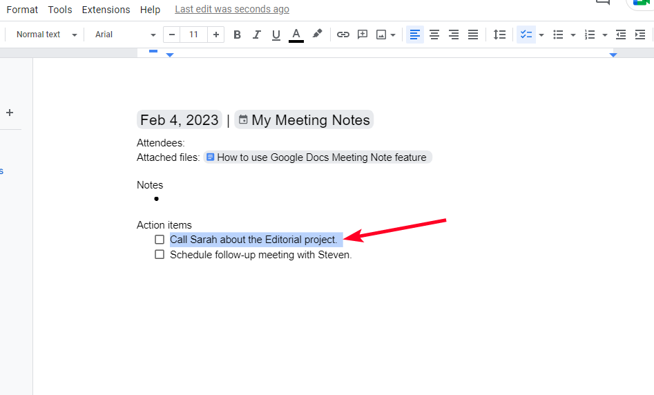 Highlighted Action item in Google Docs