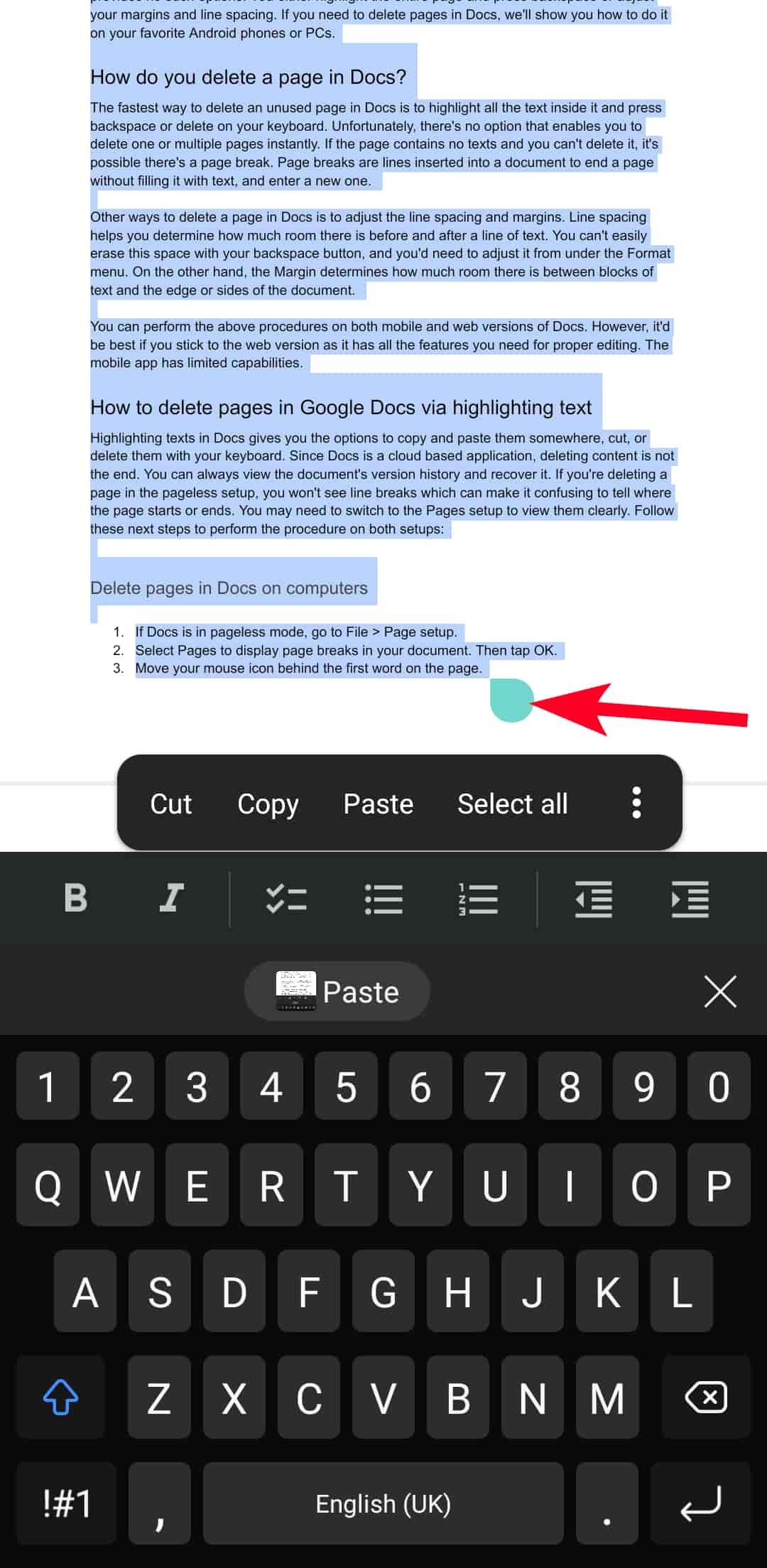 Highlighted page in Google Docs mobile app