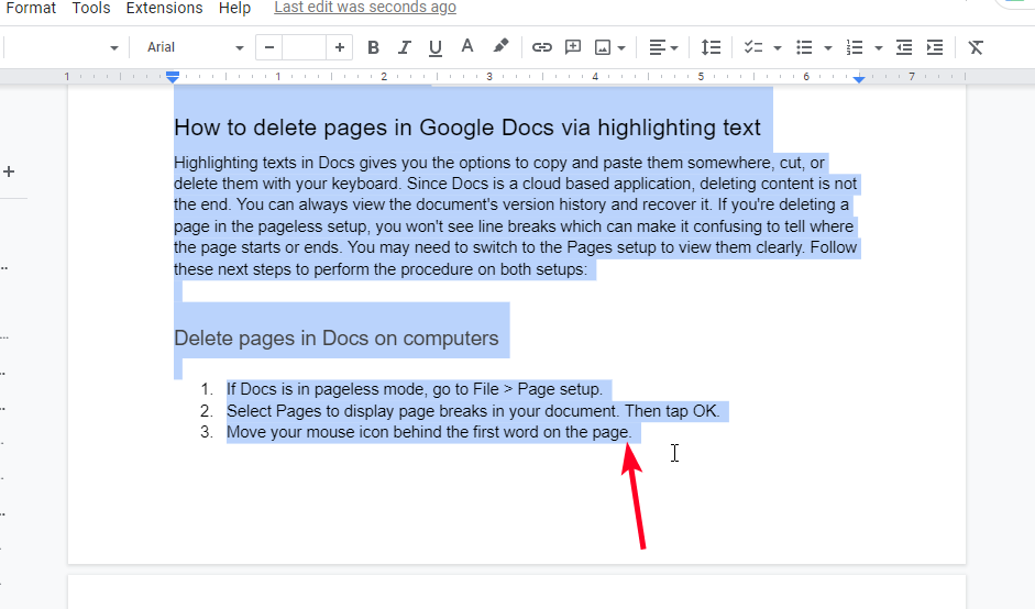 Highlighted page in Google Docs