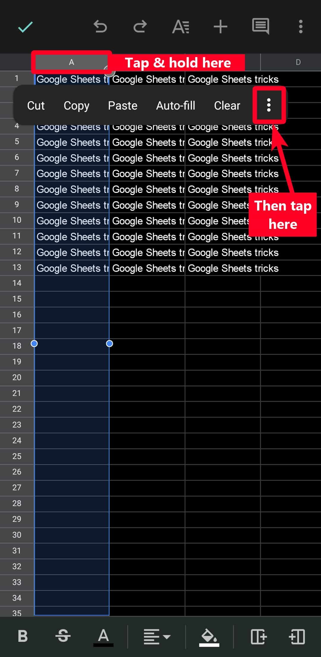 Highlighting an entire column in Google Sheets mobile app