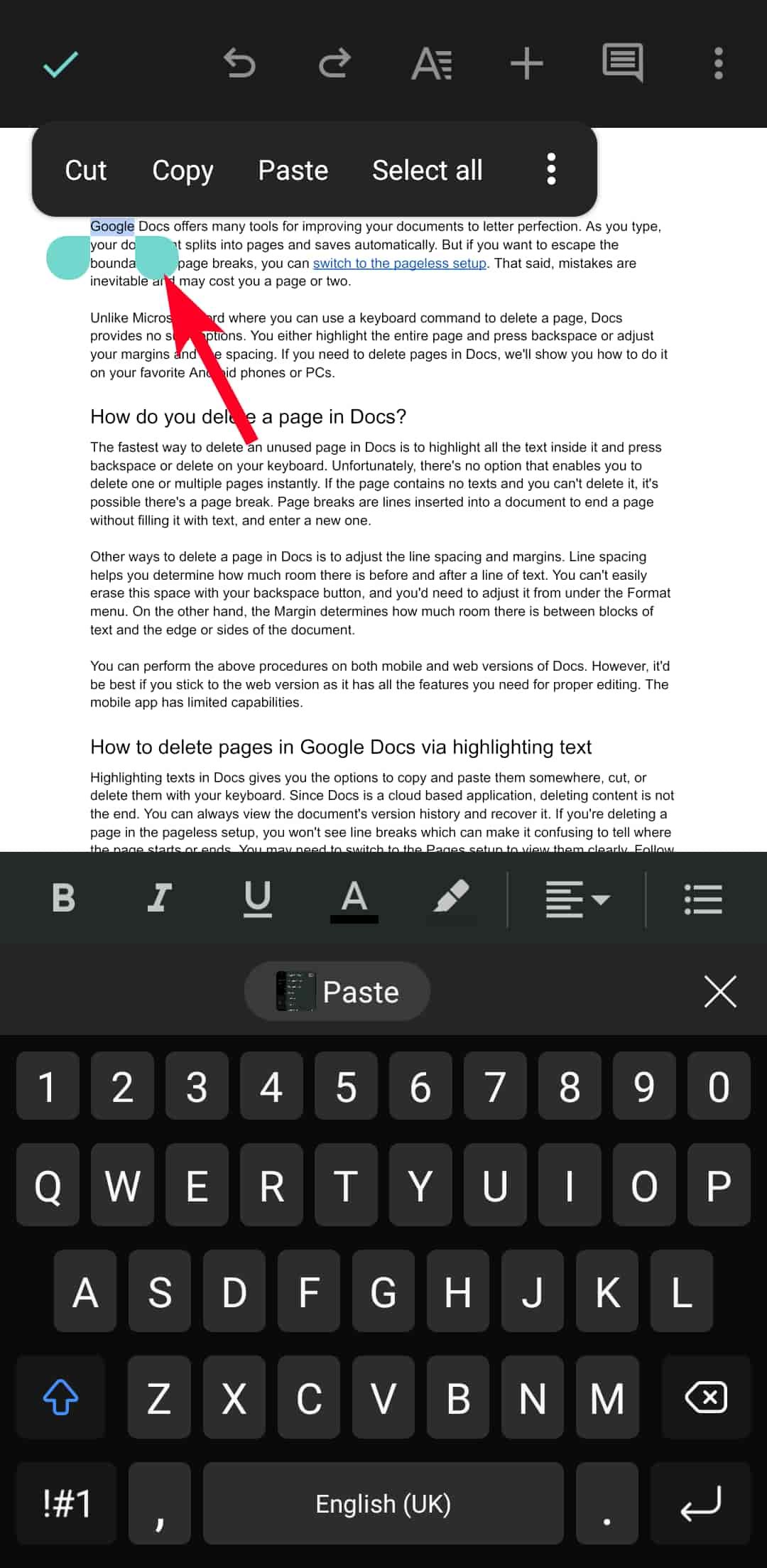 Highlighting text in Google Docs mobile app