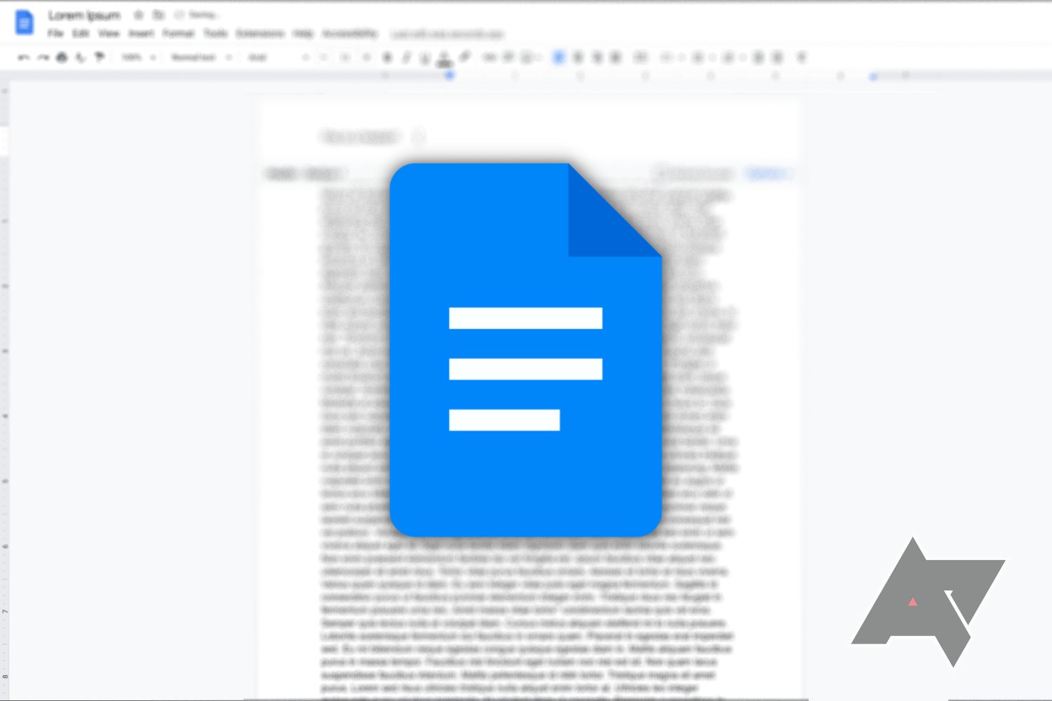 The Google Docs logo on top of a blurred image of a Google Docs document