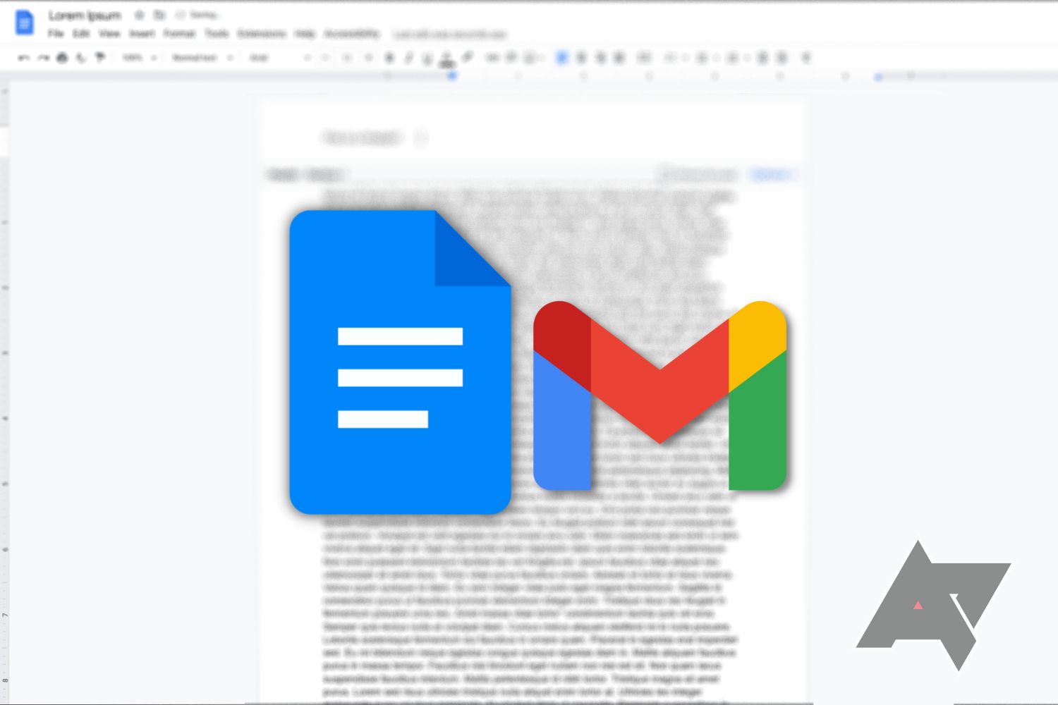 The Google Docs and Gmail logos on top of a blurred Google Docs document