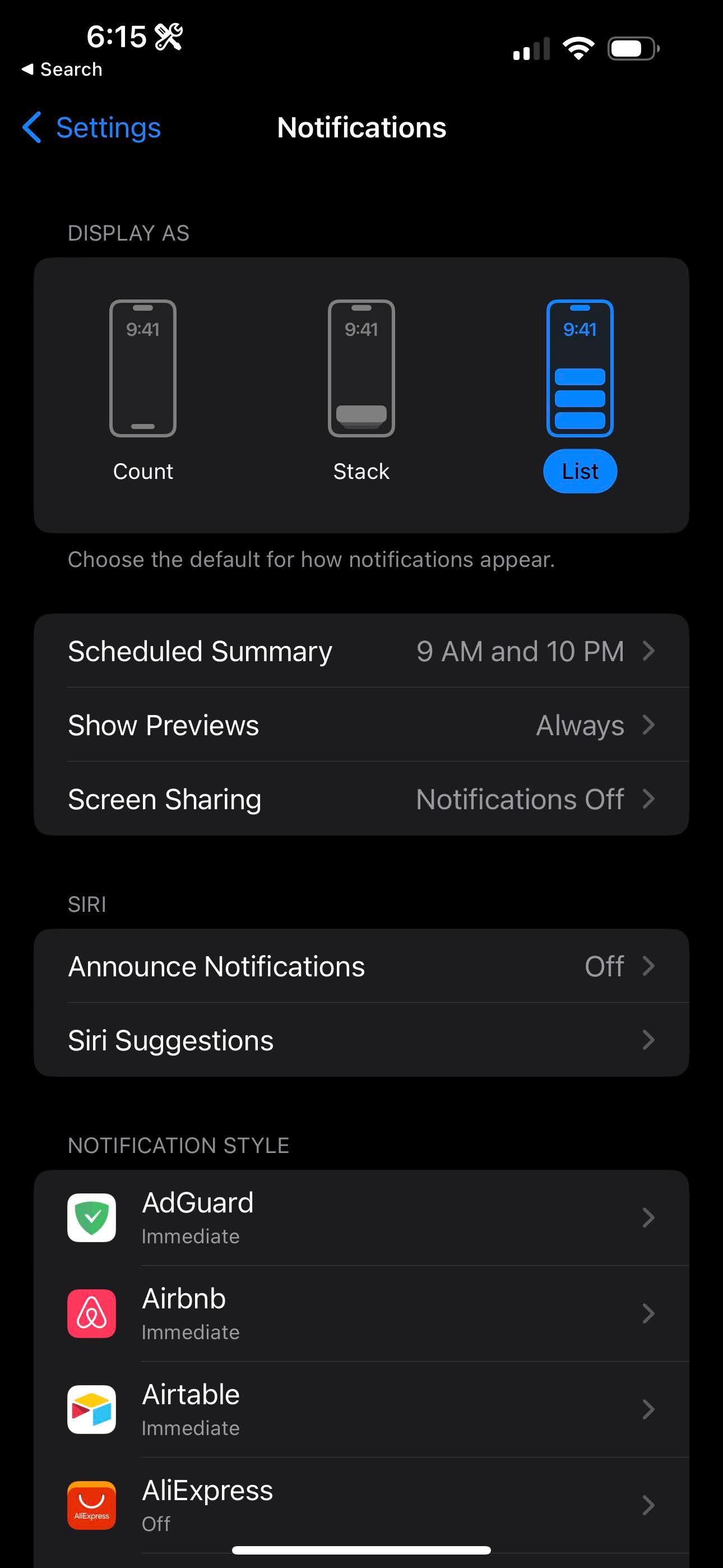 Screenshot of iOS notification settings in dark mode.