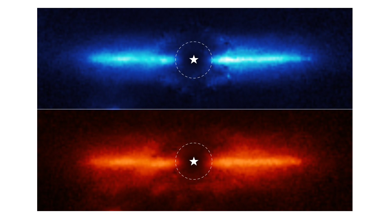 What appears to be a vibrant red and blue line, captured by the Webb Telescope, is images of a dusty debris disk around AU Mic.