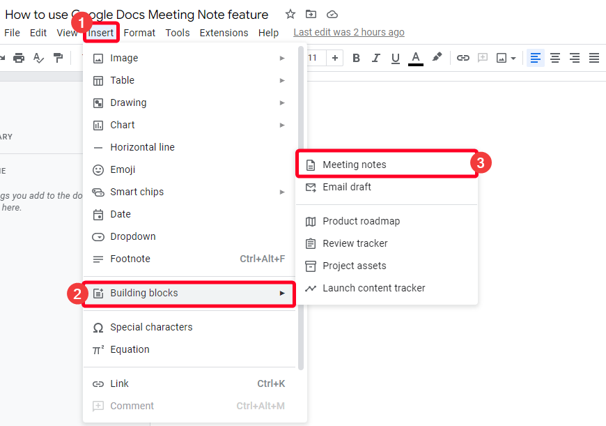 Meeting notes feature under Insert menu in Google Docs