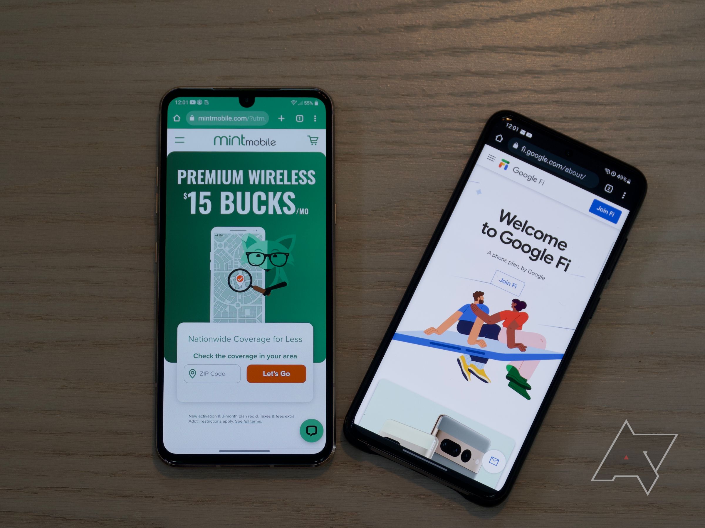 The Mint Mobile website on an LG V60 and Google Fi website on a Samsung Galaxy S20+