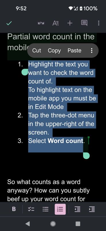 Google Docs mobile app with a portion of text highlighted