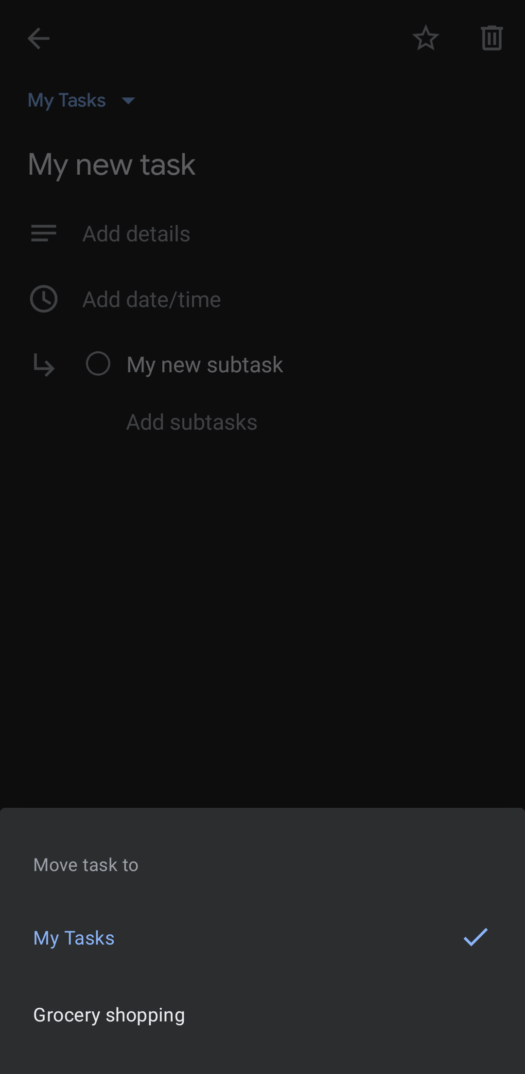 Moving a task to another list in Google Tasks Android app