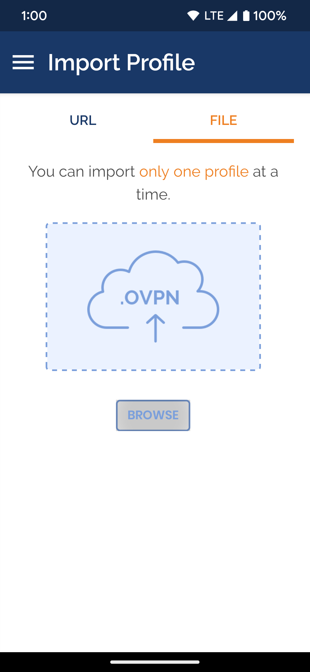 About to upload a .opvn file in the OpenVPN Android app
