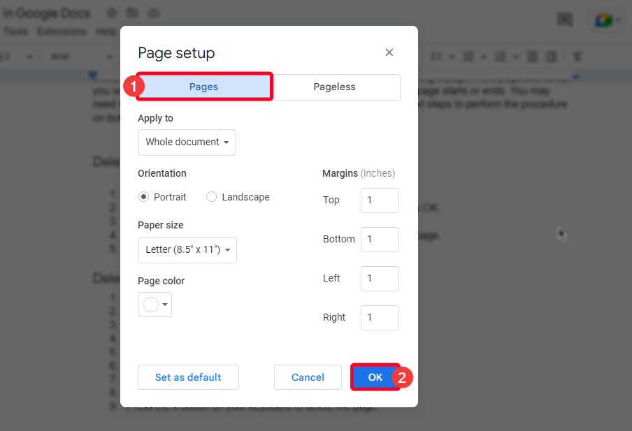 Page setup window in Google Docs