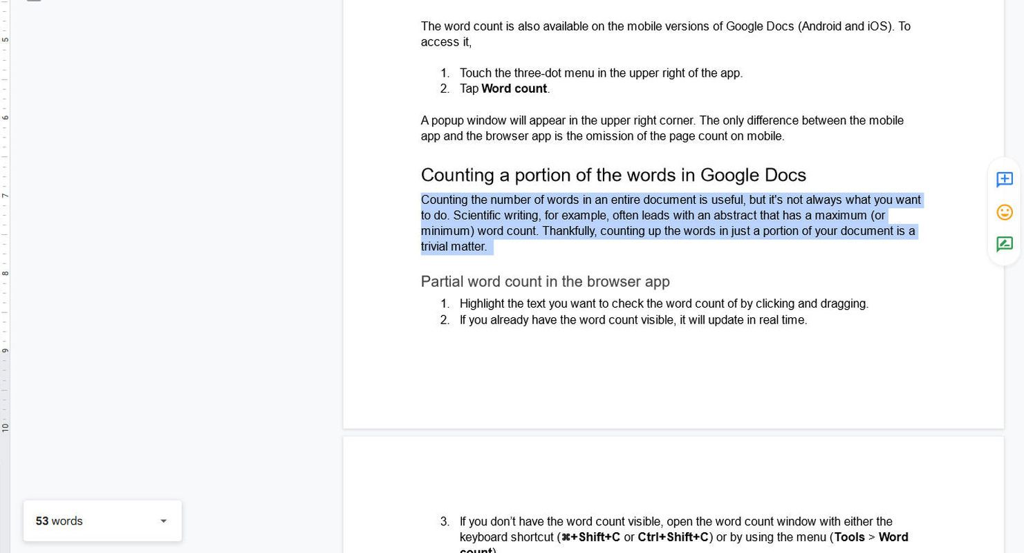 highlighted text in Google Docs with a partial word count in the lower-left corner