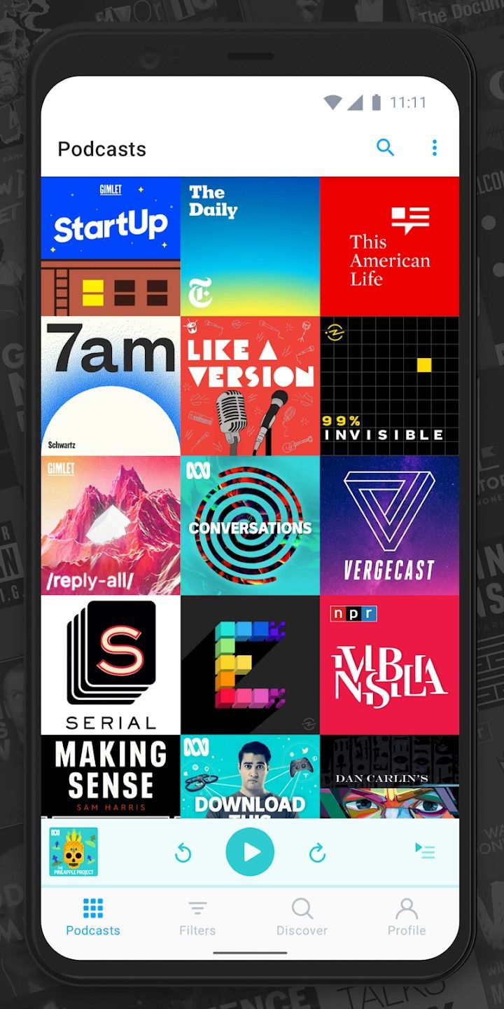 pocketcast app showing tile layout of podcasts