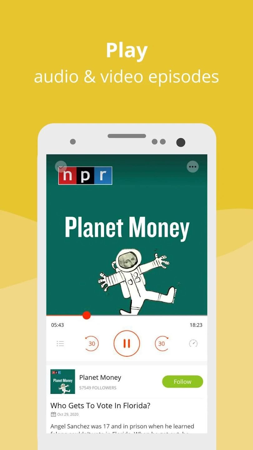 podbean app audio player in front of yellow background