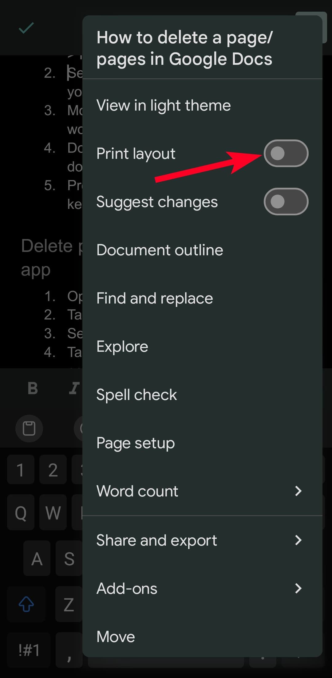 Print layout option in Google Docs mobile app