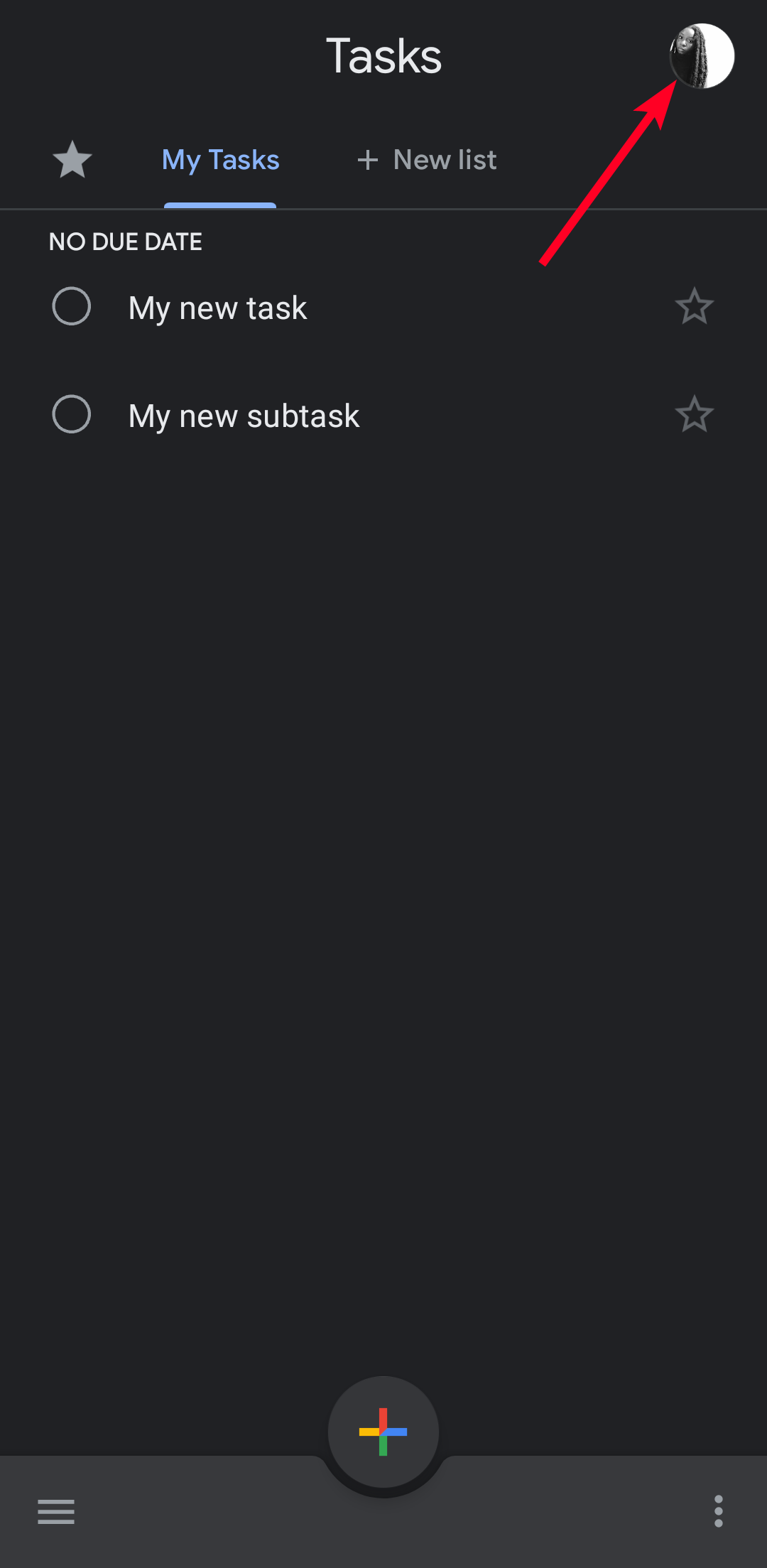 Profile icon in Google Tasks Android app