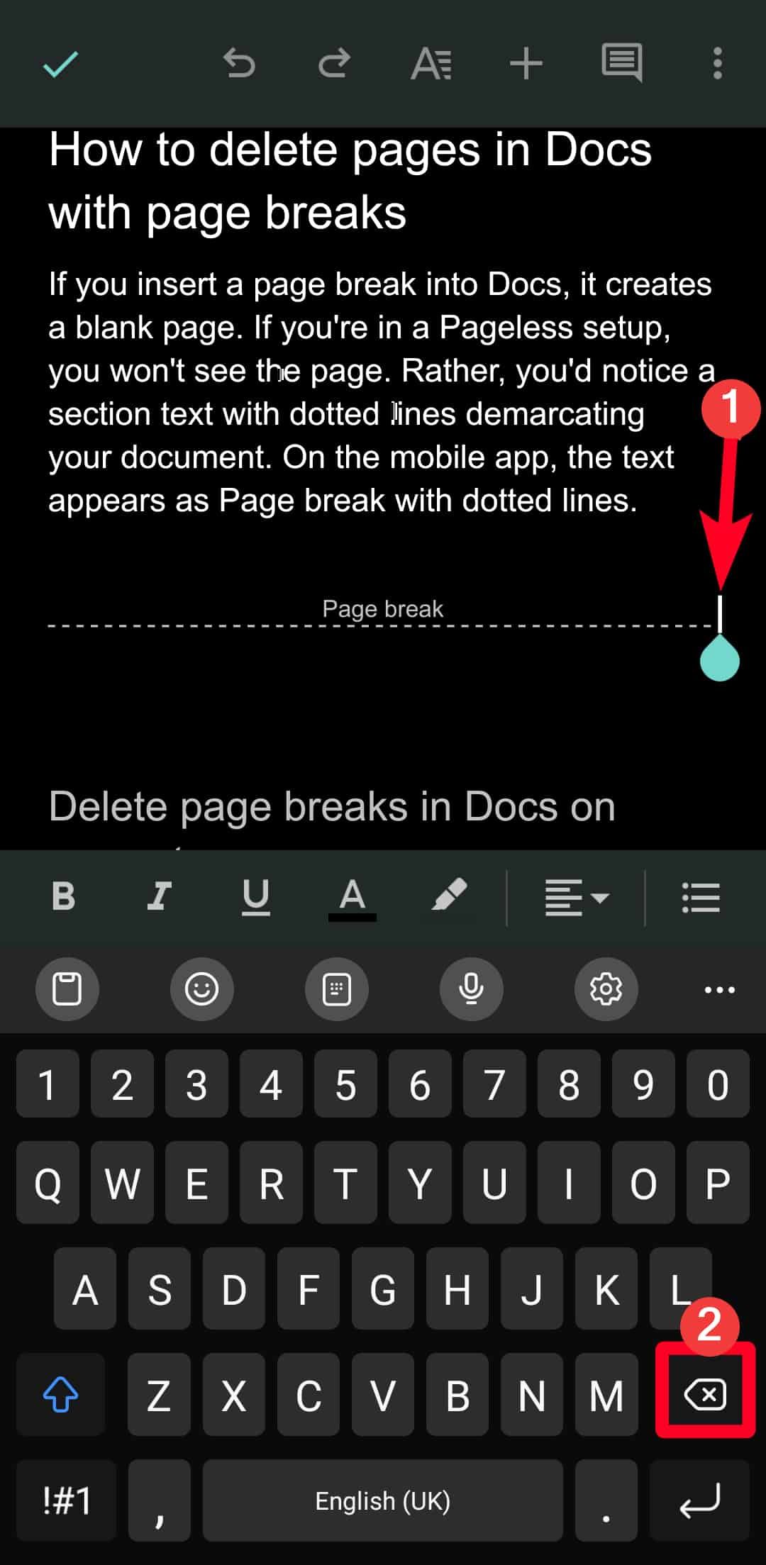 Removing a page break in Google Docs mobile app