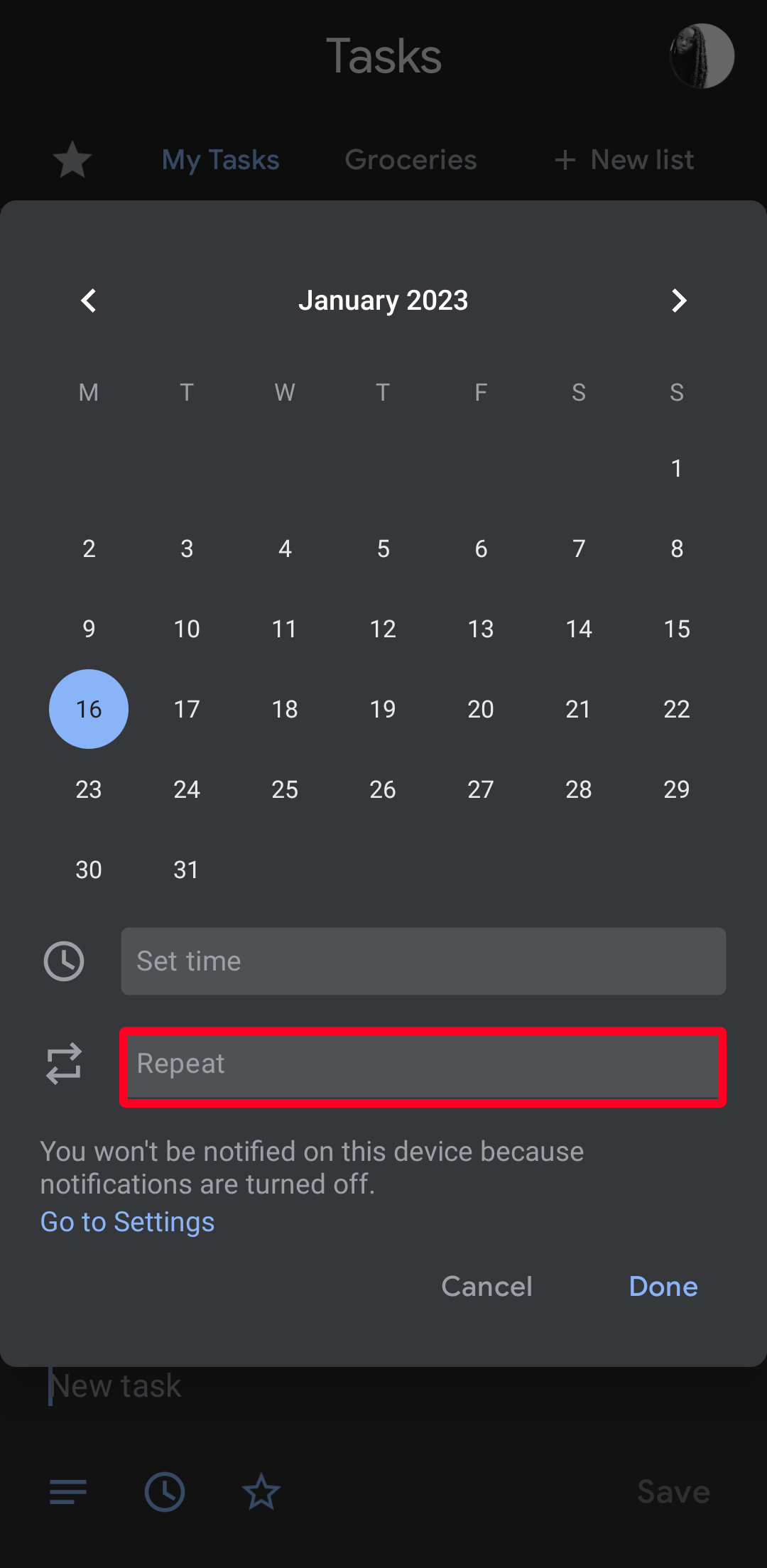 Repeat option in Google Tasks mobile app