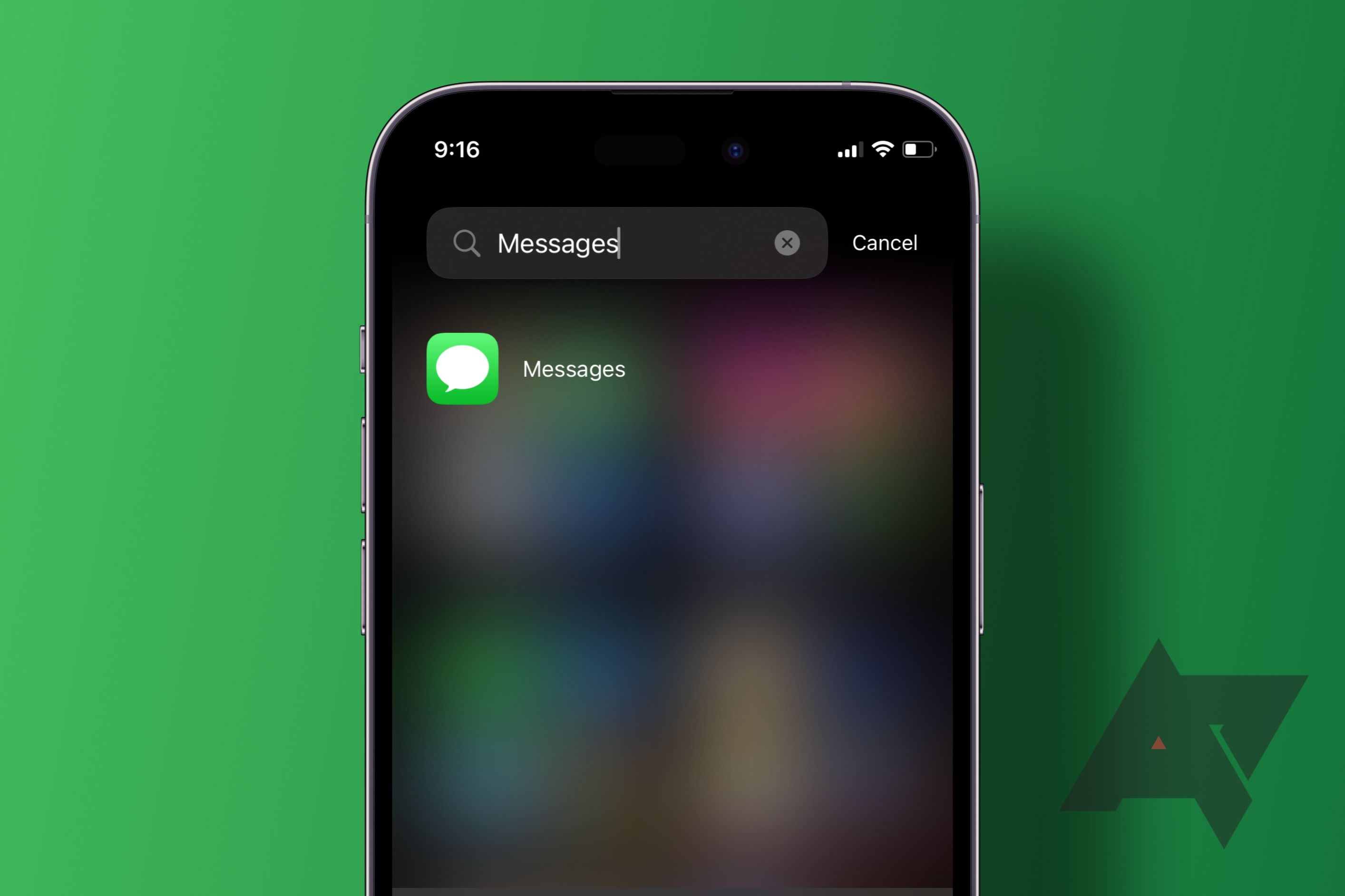 An iPhone with the messages app in focus sits on a green background